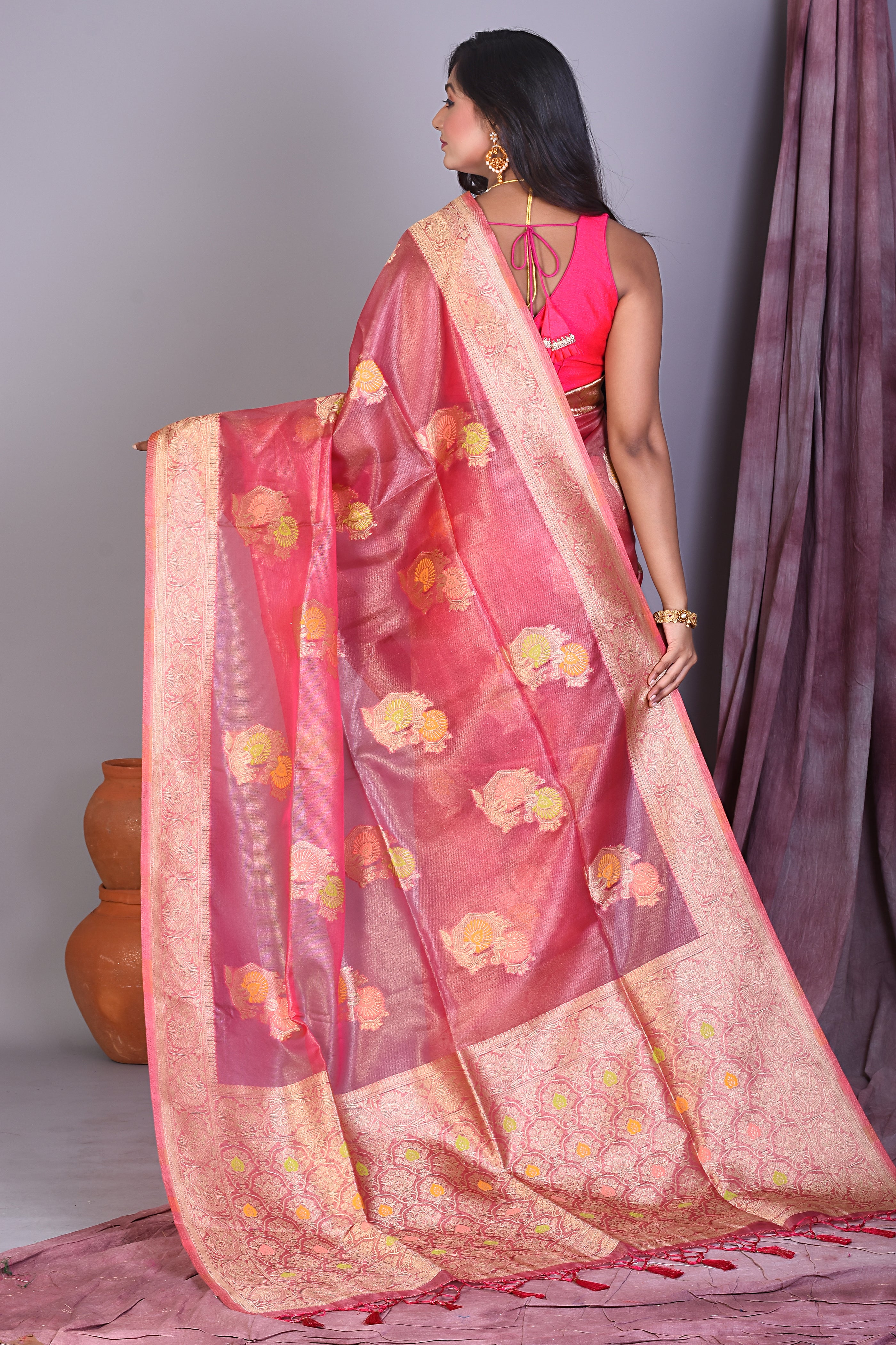 Peach Blended Organza Saree with Golden Zari - Keya Seth Exclusive