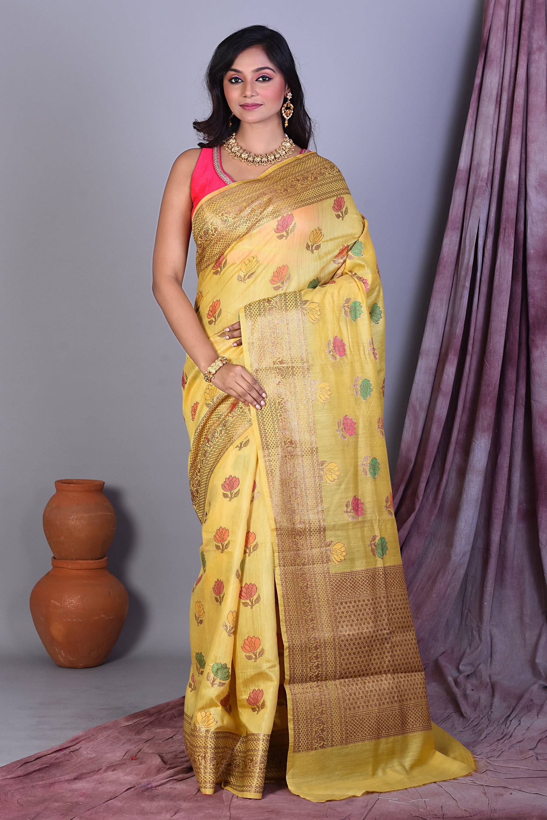 Light Yellow Dola Silk Saree with Golden Zari - Keya Seth Exclusive