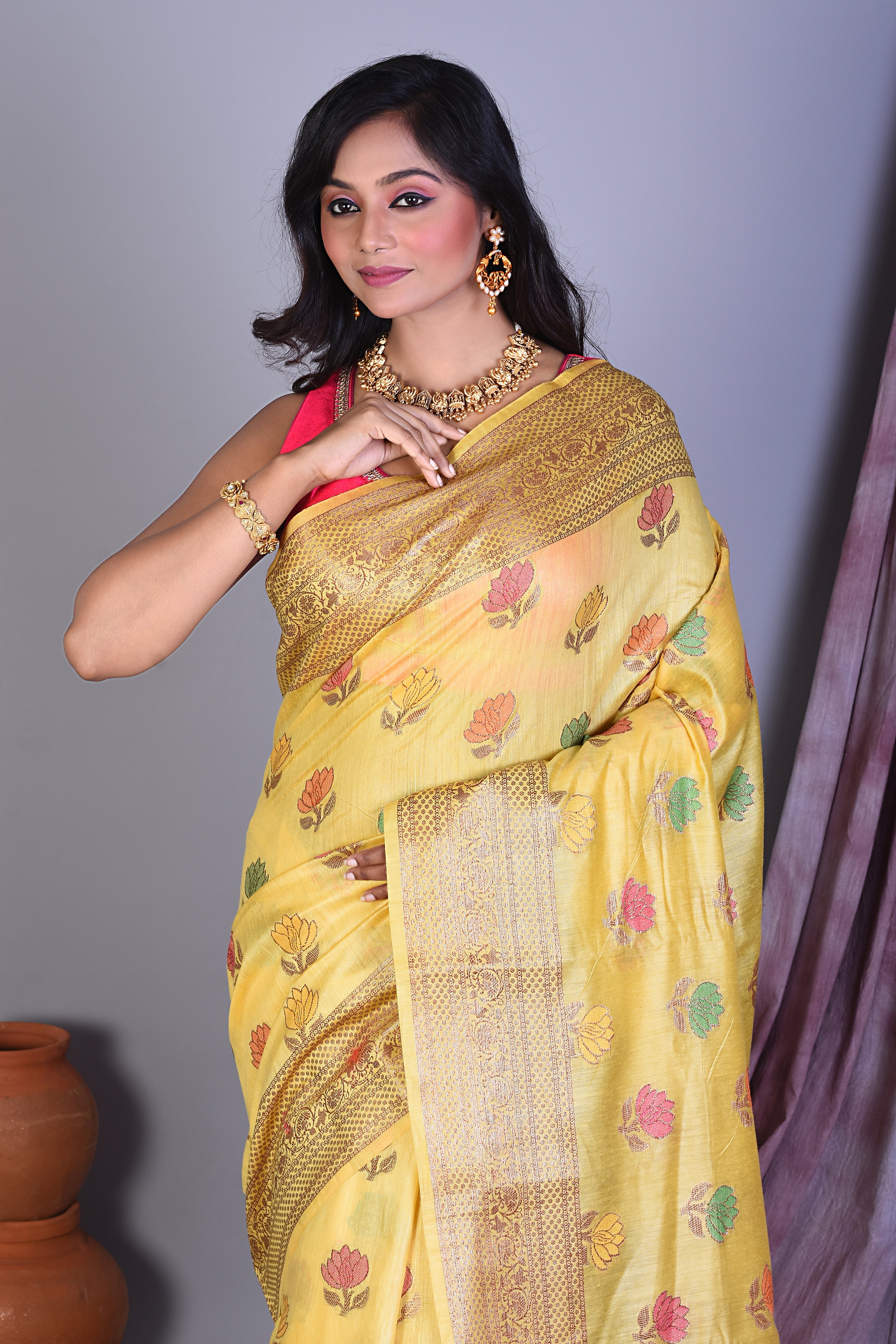 Light Yellow Dola Silk Saree with Golden Zari - Keya Seth Exclusive