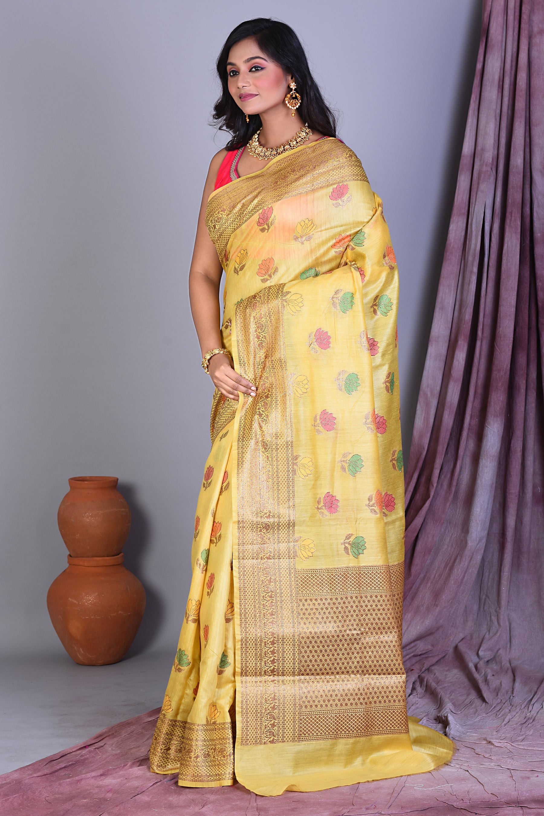 Light Yellow Dola Silk Saree with Golden Zari - Keya Seth Exclusive