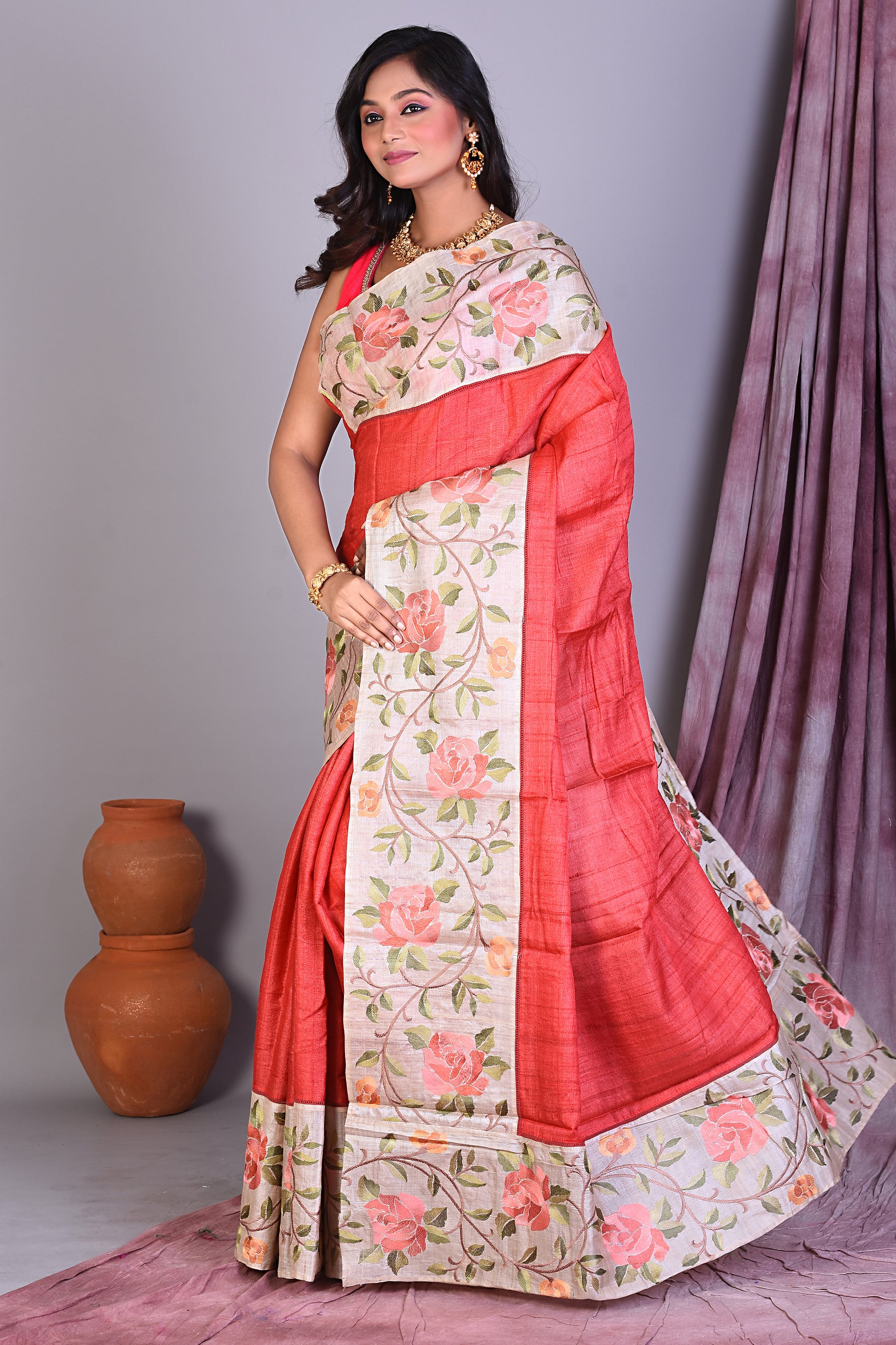 Red Ghicha Saree with Thread work - Keya Seth Exclusive