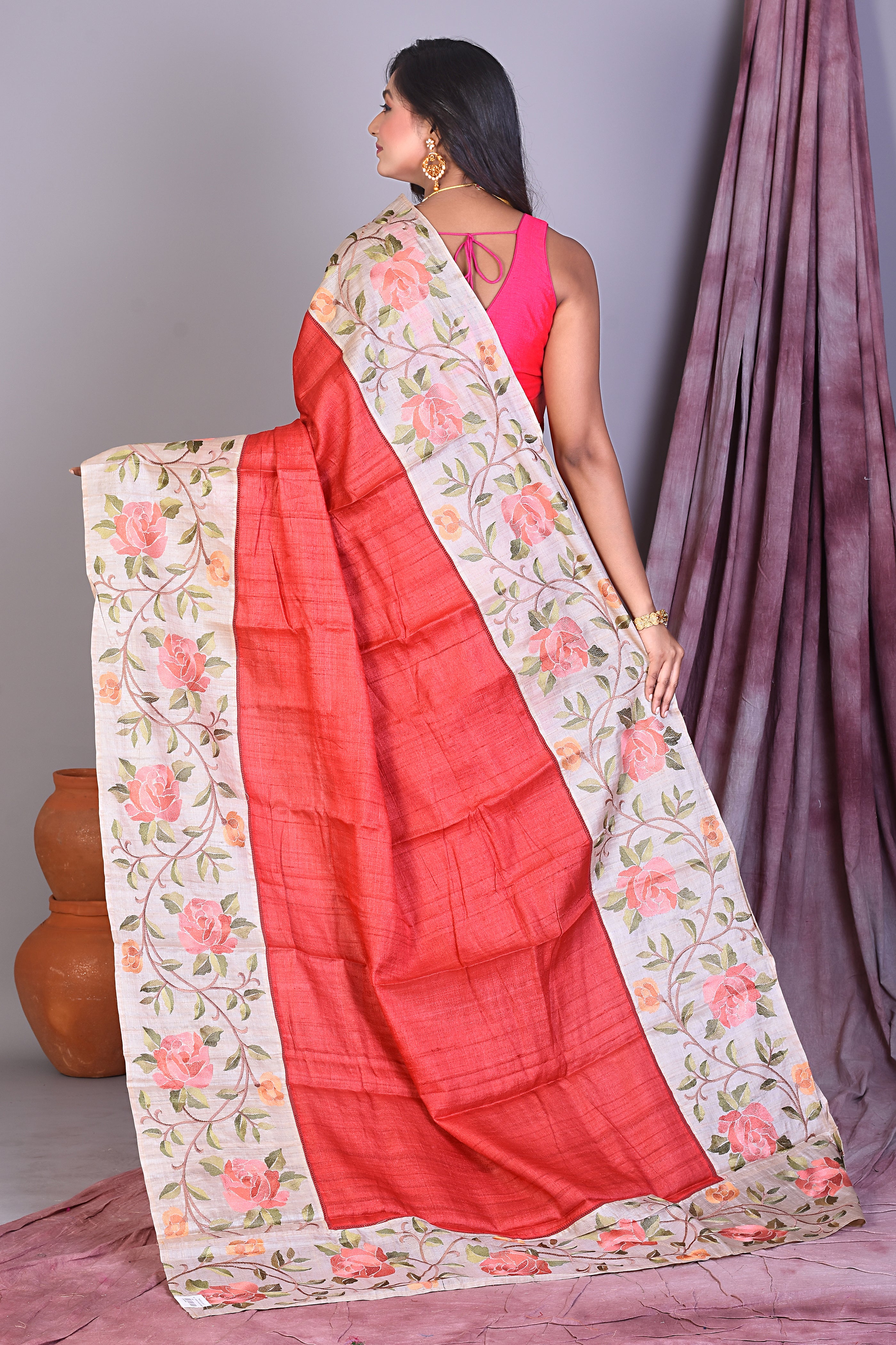 Red Ghicha Saree with Thread work - Keya Seth Exclusive