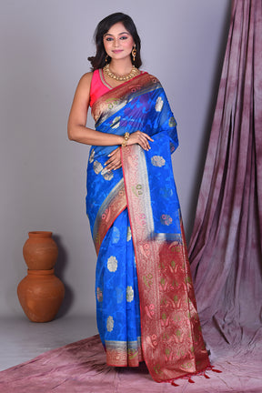 Royal Blue Blended Organza Saree with Pink Borders - Keya Seth Exclusive