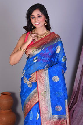 Royal Blue Blended Organza Saree with Pink Borders - Keya Seth Exclusive