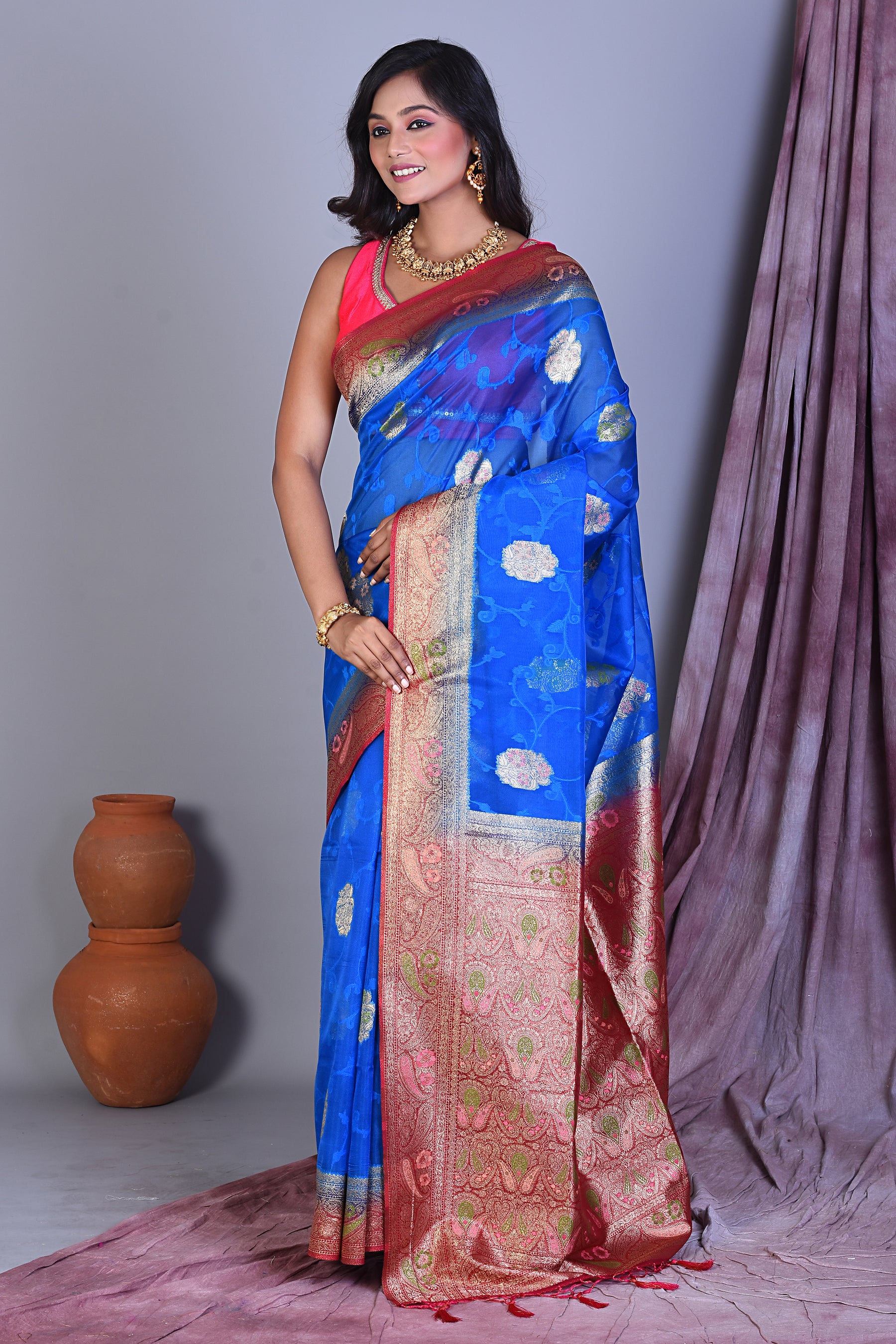 Royal Blue Blended Organza Saree with Pink Borders - Keya Seth Exclusive