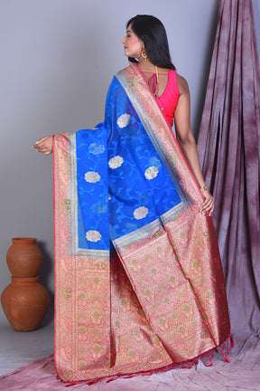 Royal Blue Blended Organza Saree with Pink Borders - Keya Seth Exclusive