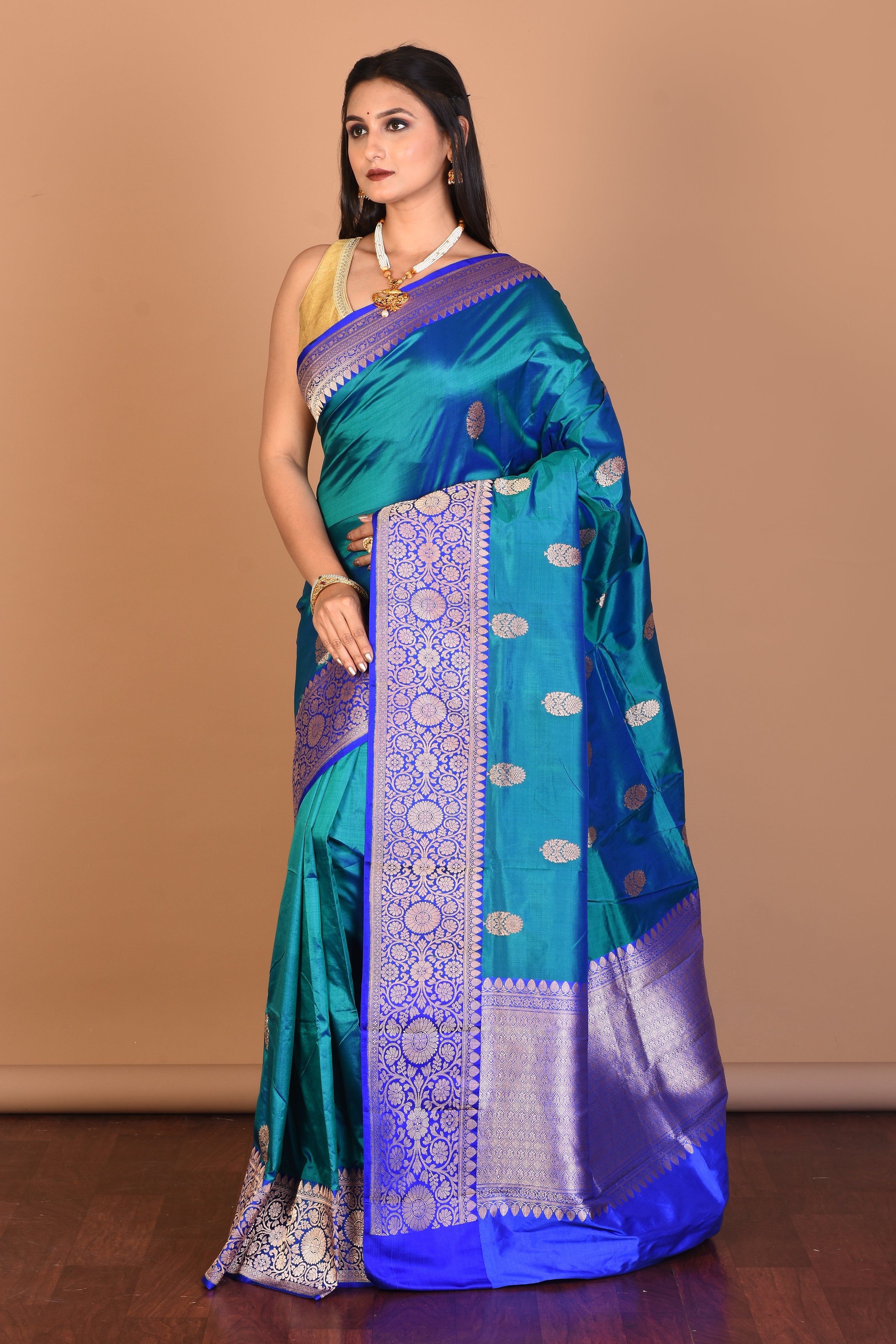 Blue Dual Tone Pure Katan Silk Saree with Blouse Piece - Keya Seth Exclusive