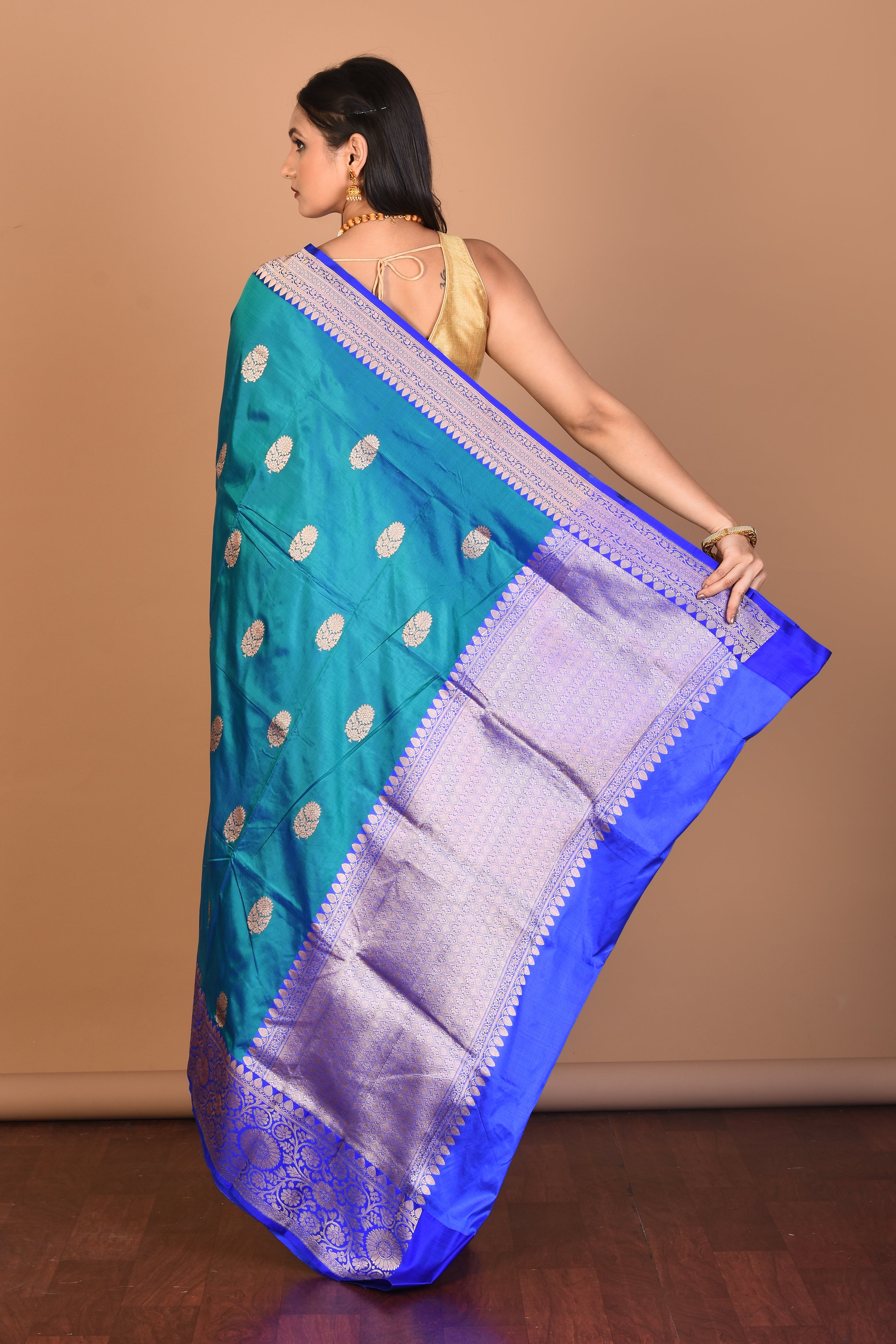 Blue Dual Tone Pure Katan Silk Saree with Blouse Piece - Keya Seth Exclusive