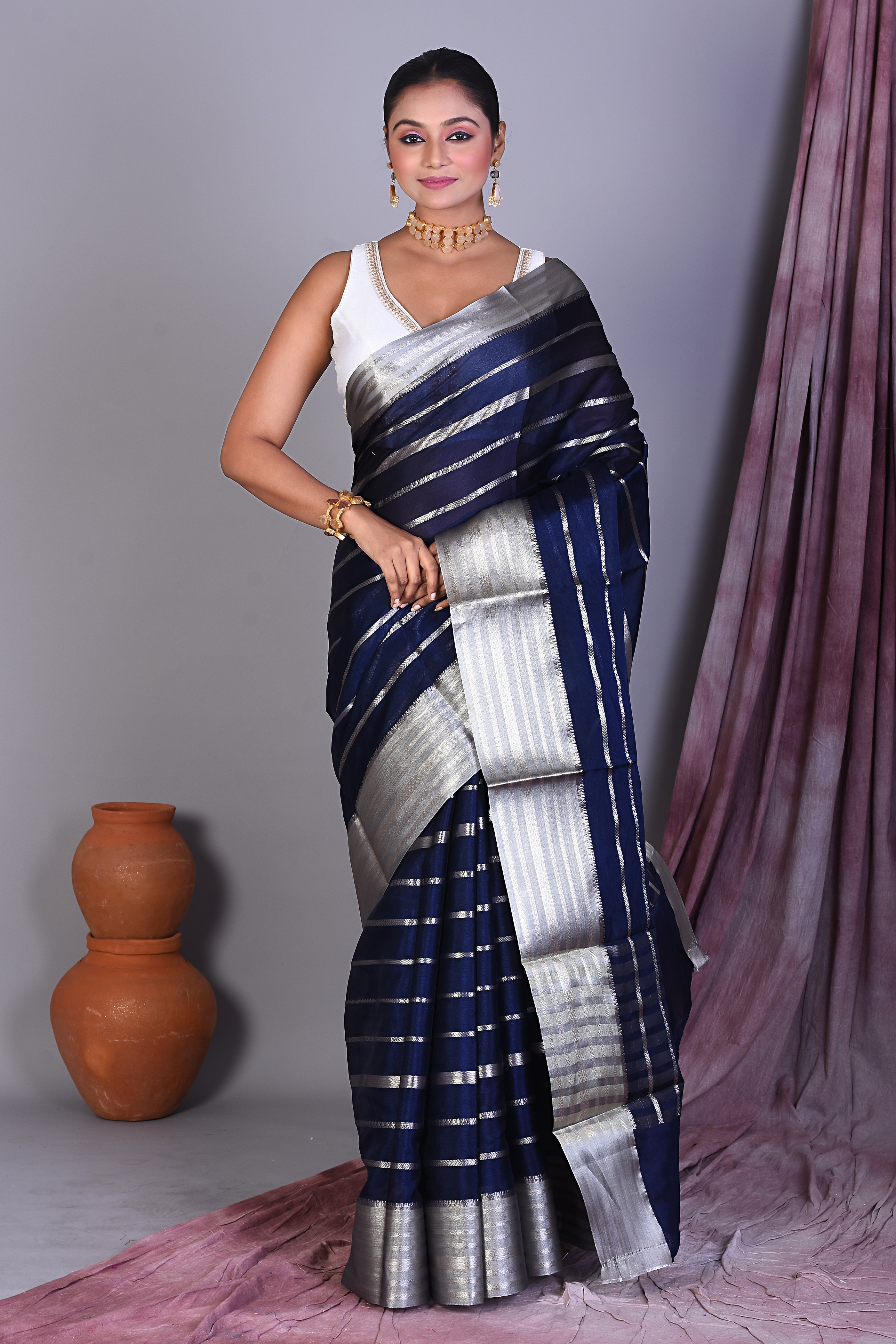 Navy Blue Blended Tissue Saree with Strips - Keya Seth Exclusive