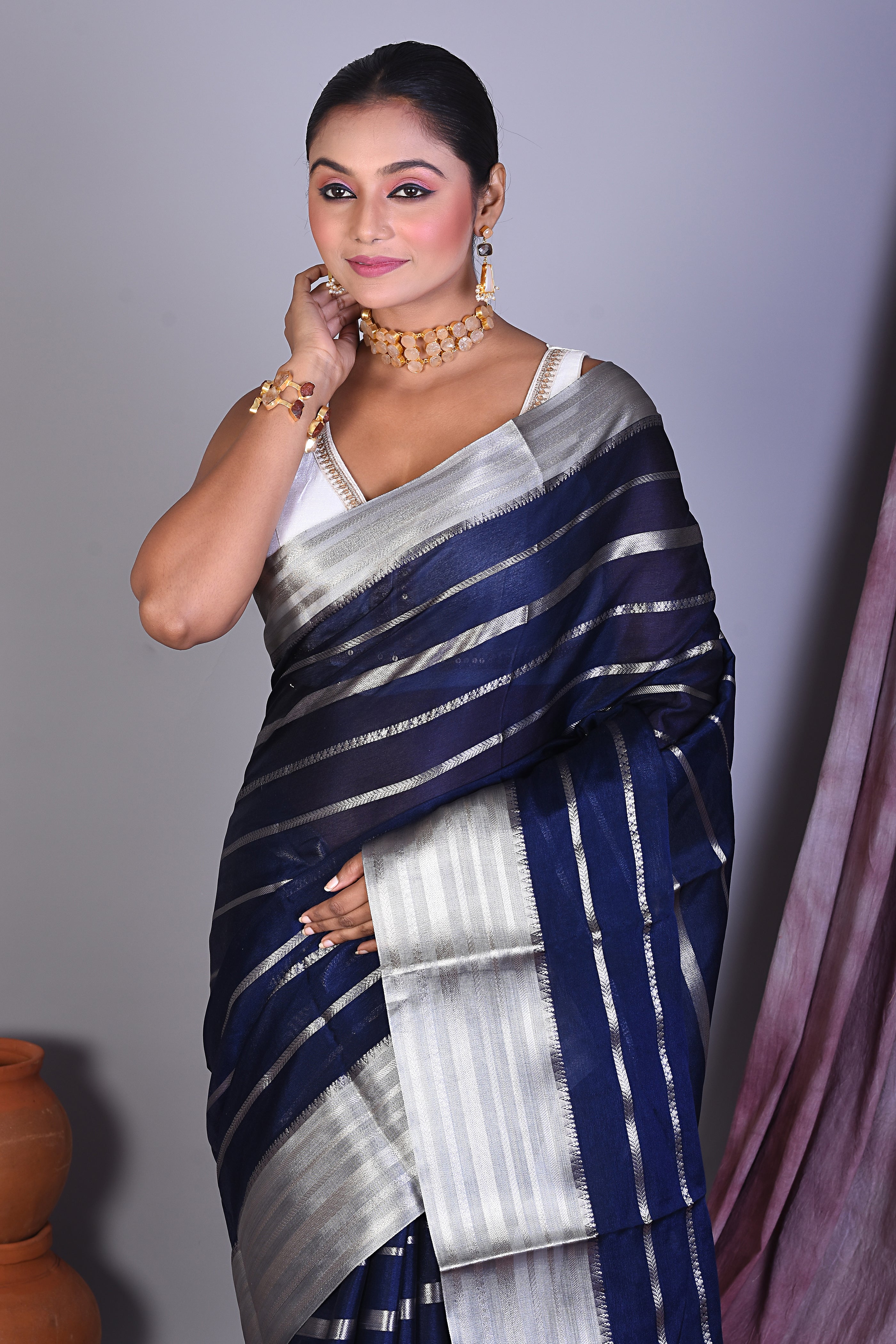 Navy Blue Blended Tissue Saree with Strips - Keya Seth Exclusive