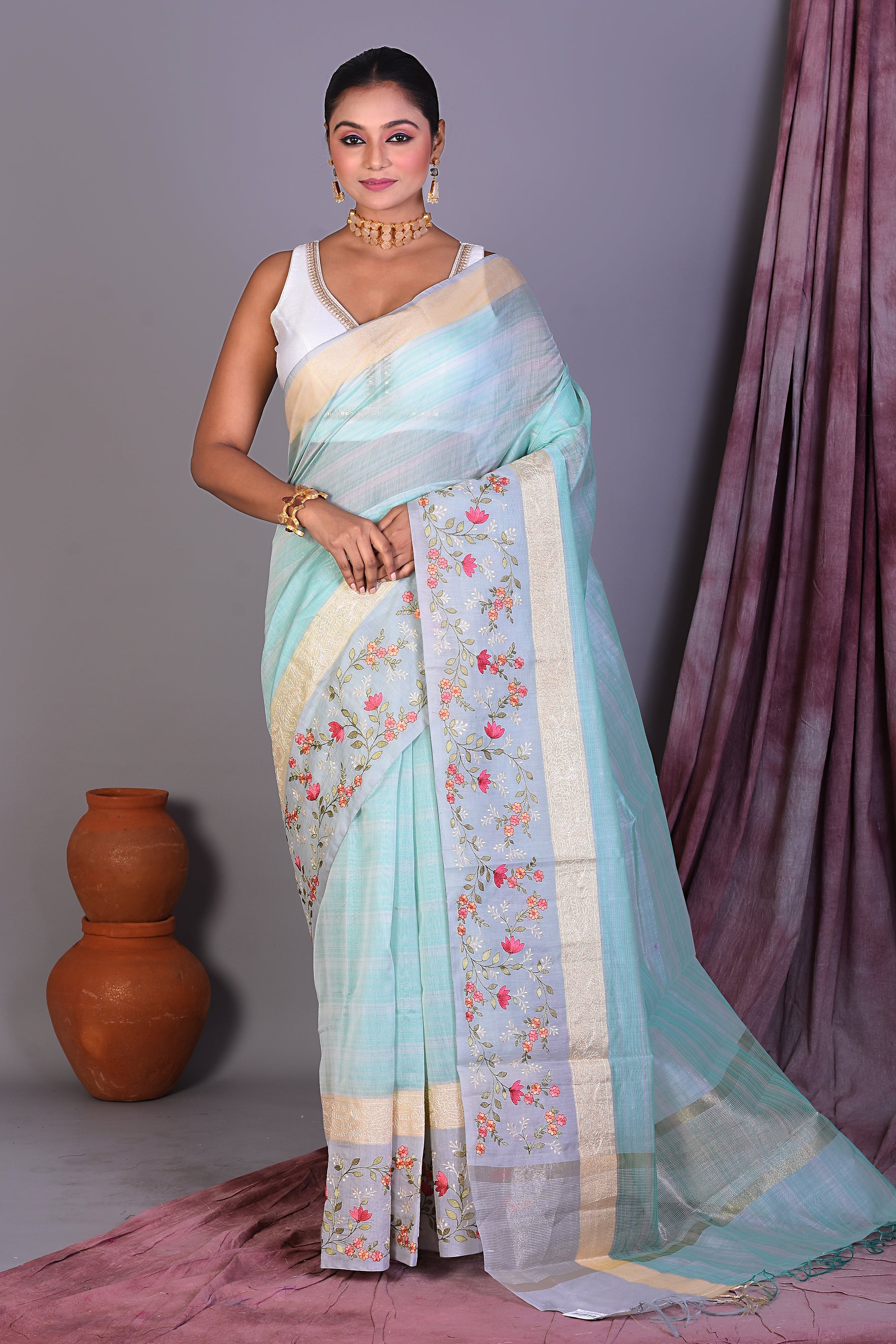 Sky Blue Blended Organza Saree with Threadwork - Keya Seth Exclusive