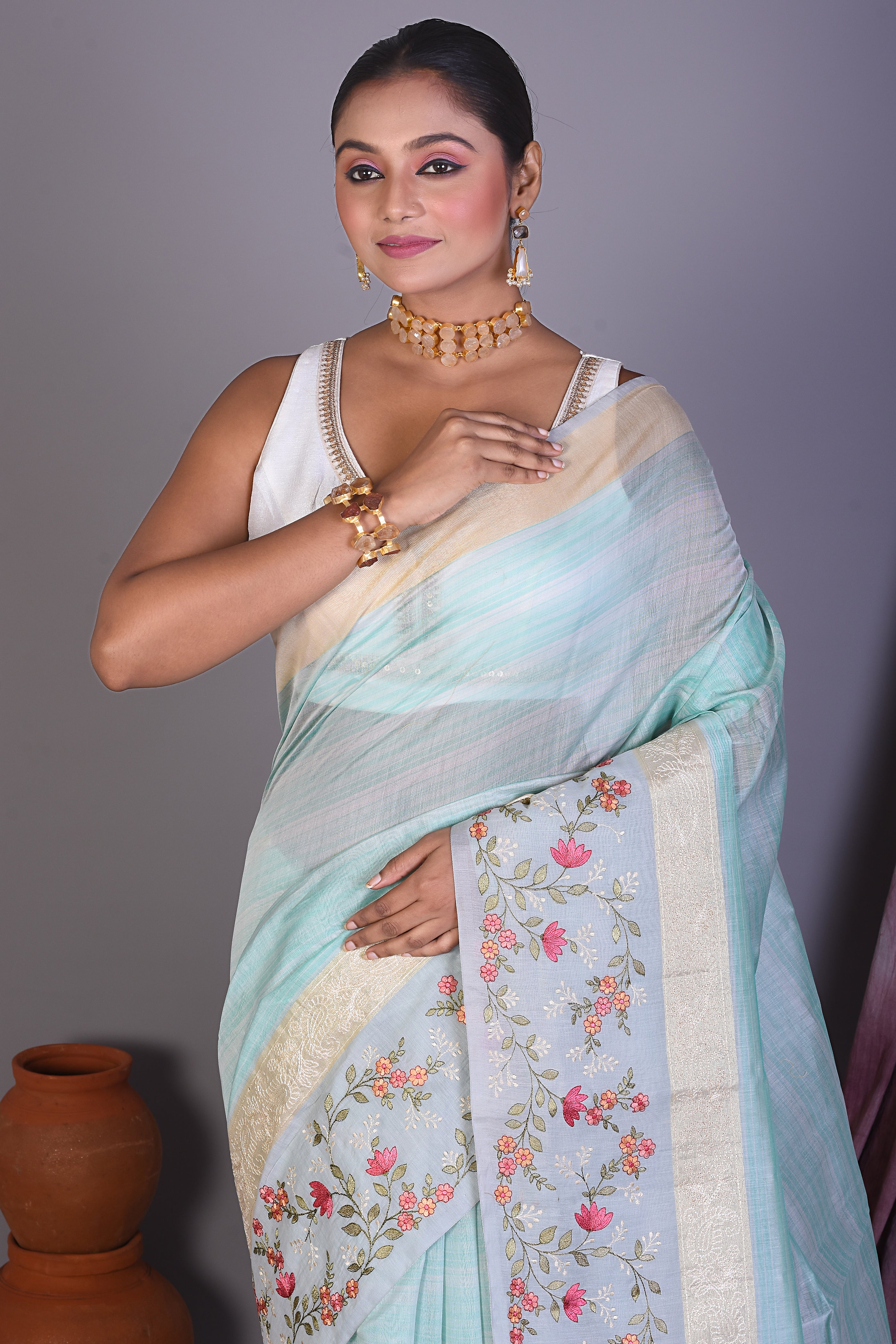 Sky Blue Blended Organza Saree with Threadwork - Keya Seth Exclusive