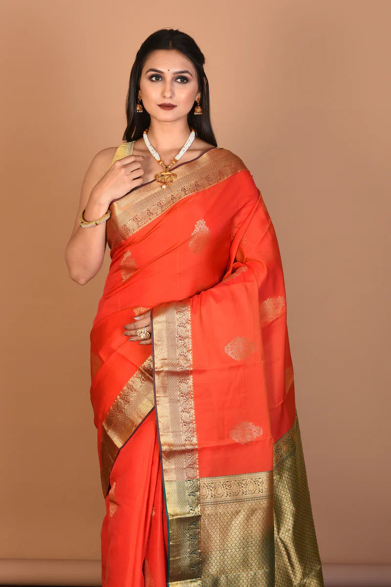 Orange Blended Kanjivaram Silk Saree with Blouse Piece - Keya Seth Exclusive
