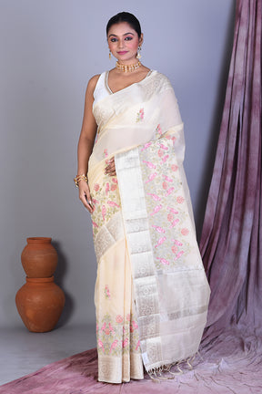 Beige Blended Organza Saree with Threadwork - Keya Seth Exclusive