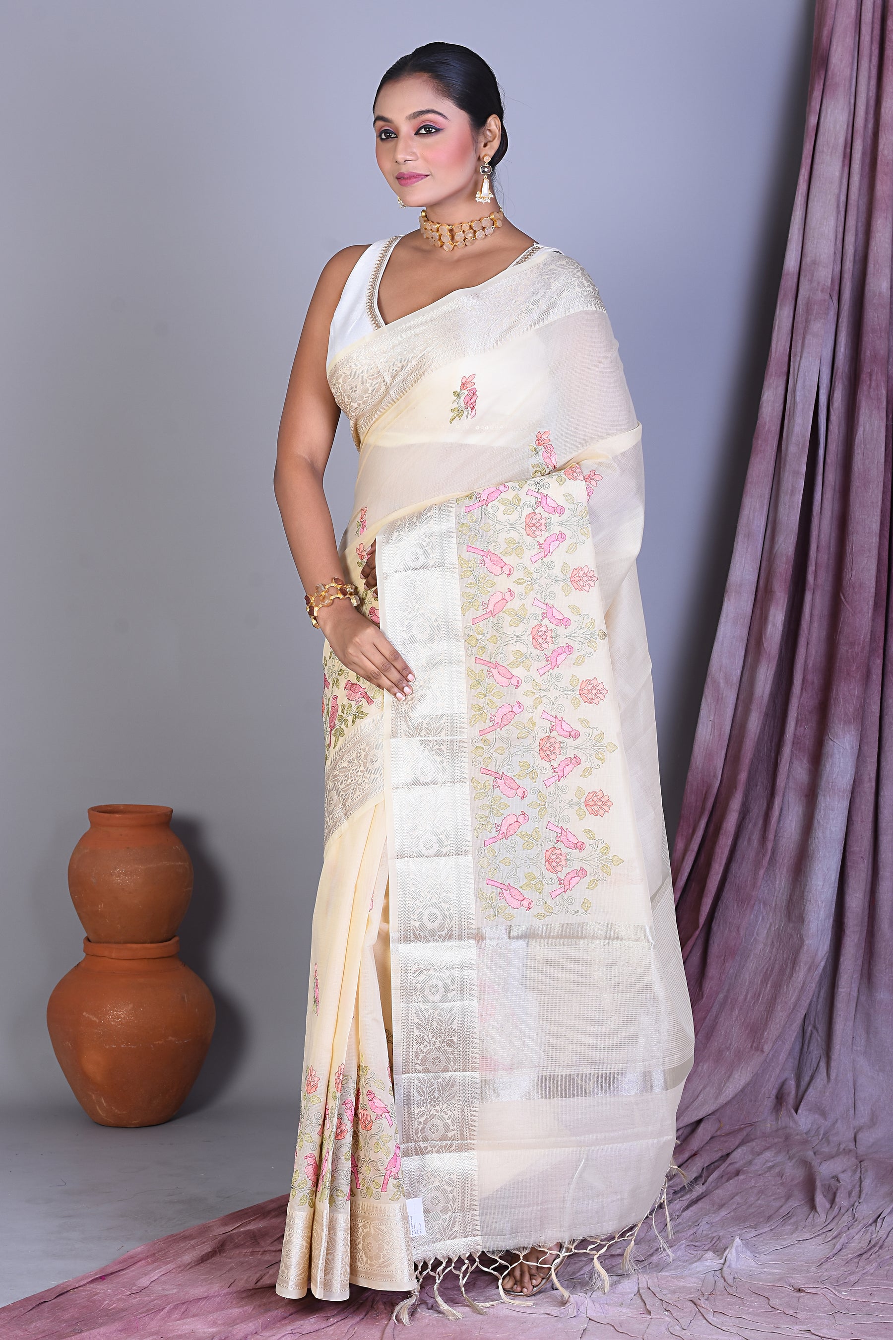 Beige Blended Organza Saree with Threadwork - Keya Seth Exclusive