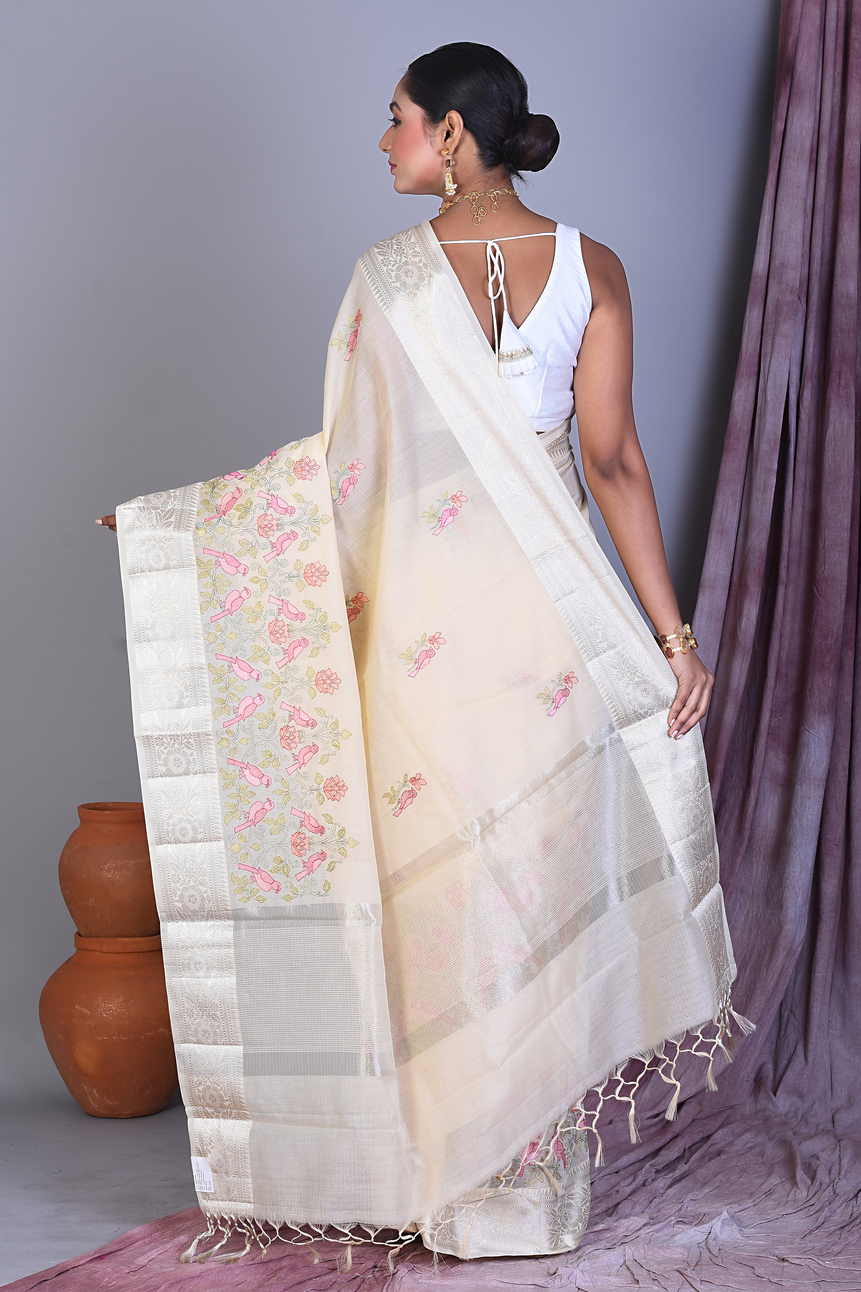 Beige Blended Organza Saree with Threadwork - Keya Seth Exclusive