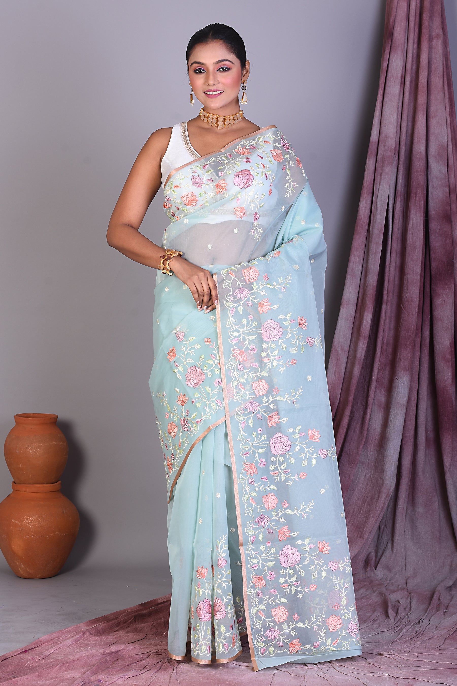 Sky Blue Blended Organza Saree with Threadwork - Keya Seth Exclusive