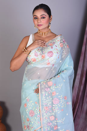 Sky Blue Blended Organza Saree with Threadwork - Keya Seth Exclusive