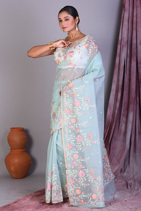 Sky Blue Blended Organza Saree with Threadwork - Keya Seth Exclusive