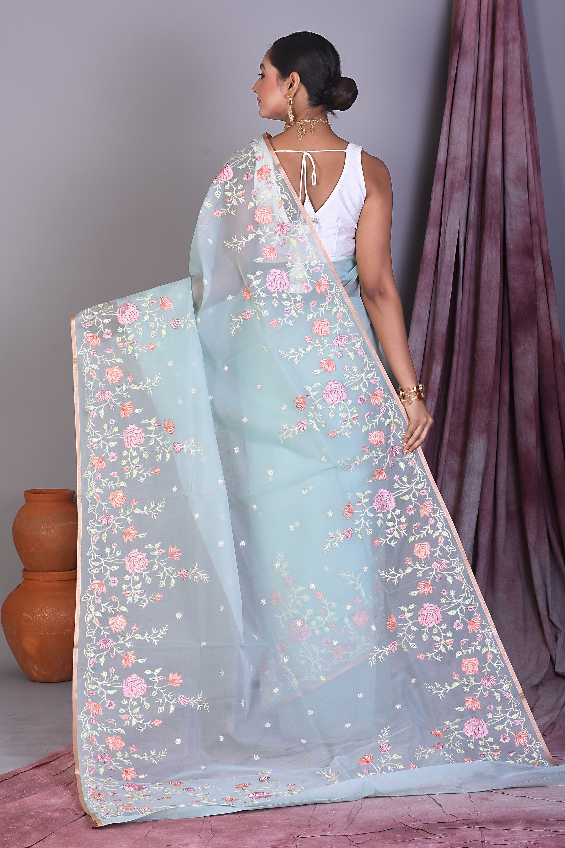 Sky Blue Blended Organza Saree with Threadwork - Keya Seth Exclusive