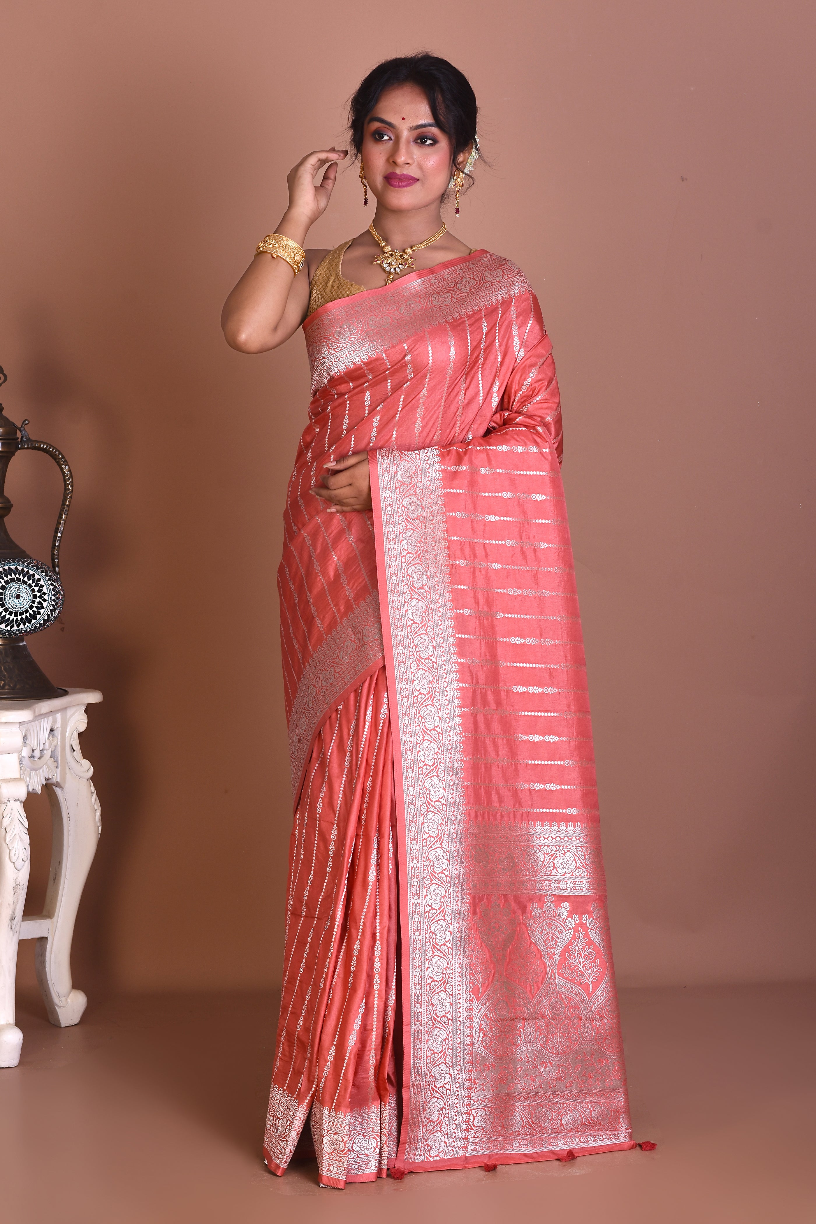 Bright Peach Art Silk Saree - Keya Seth Exclusive