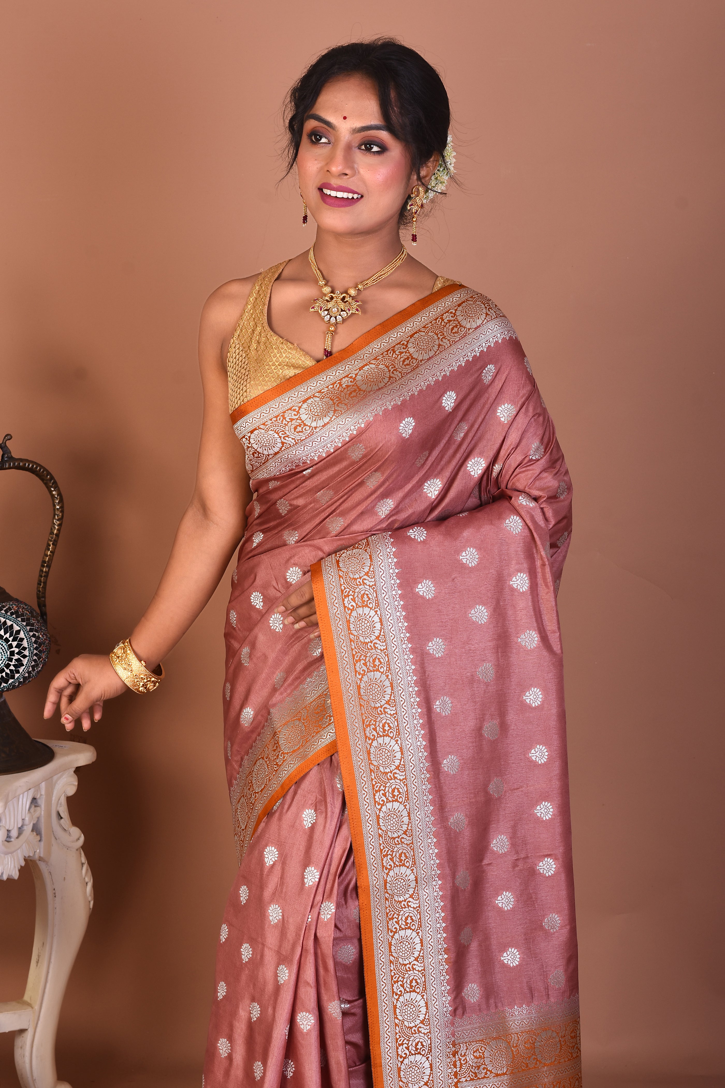 Light Brown Blended Silk Saree - Keya Seth Exclusive