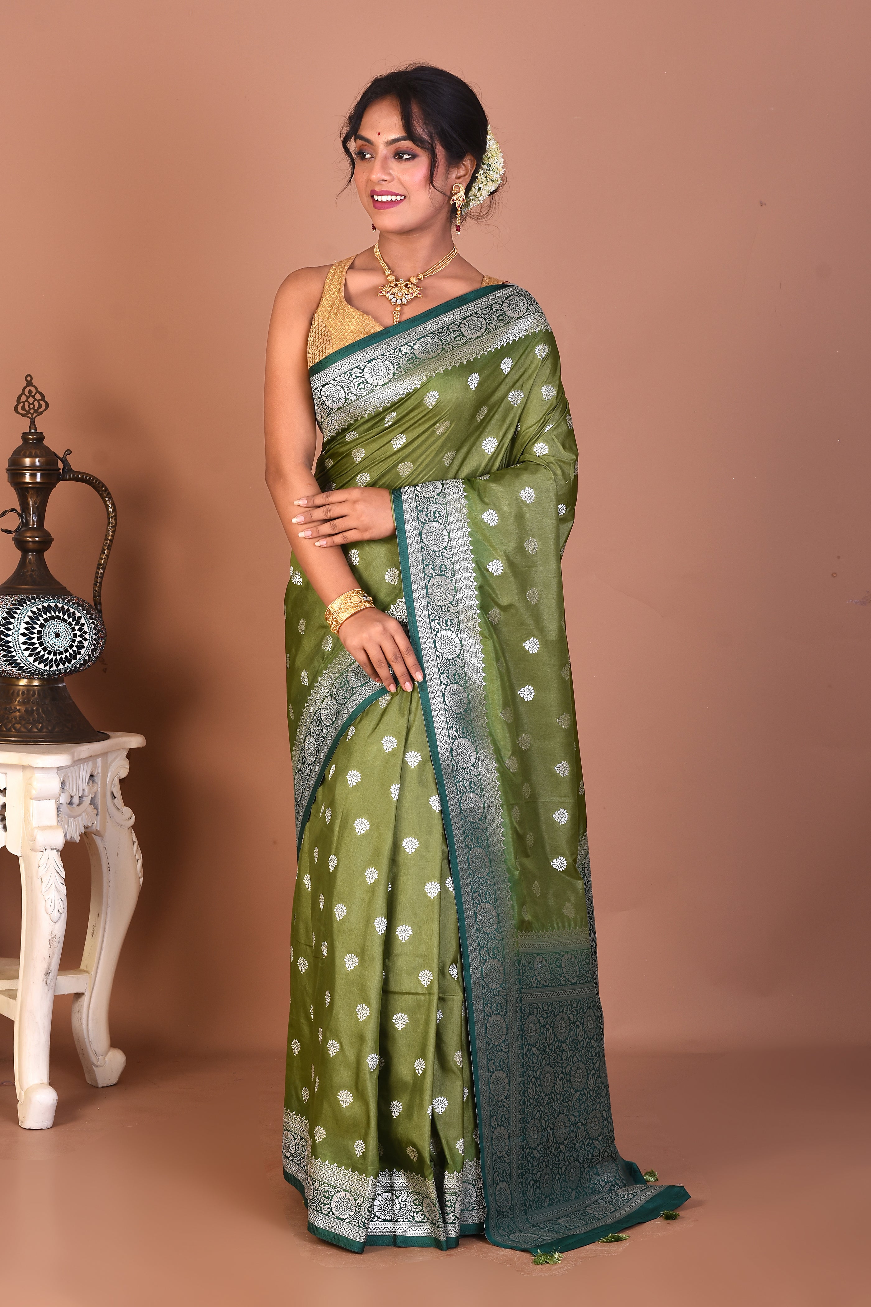 Olive Green Blended Silk Saree - Keya Seth Exclusive