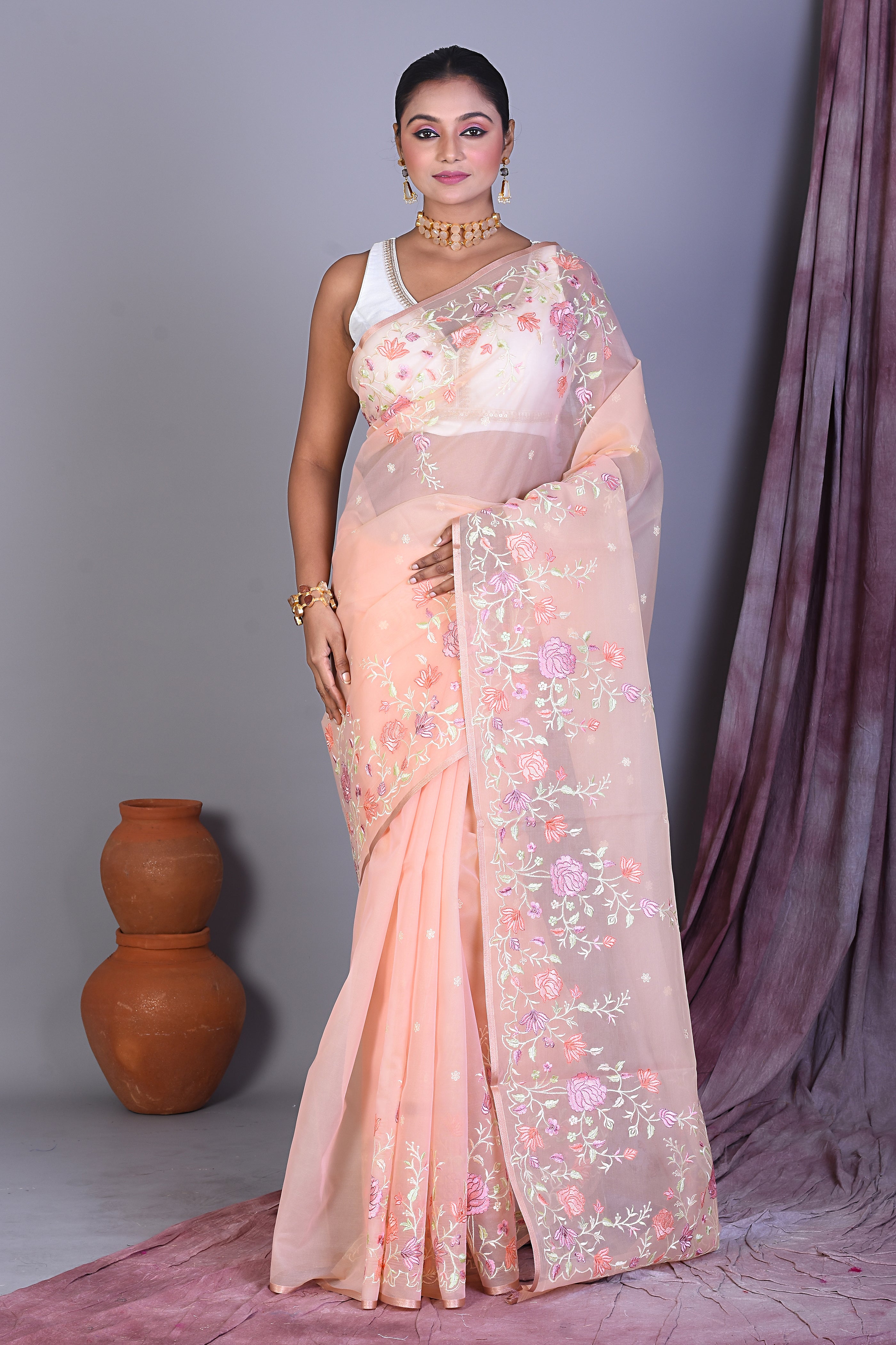 Peach Blended Organza Saree with Threadwork - Keya Seth Exclusive