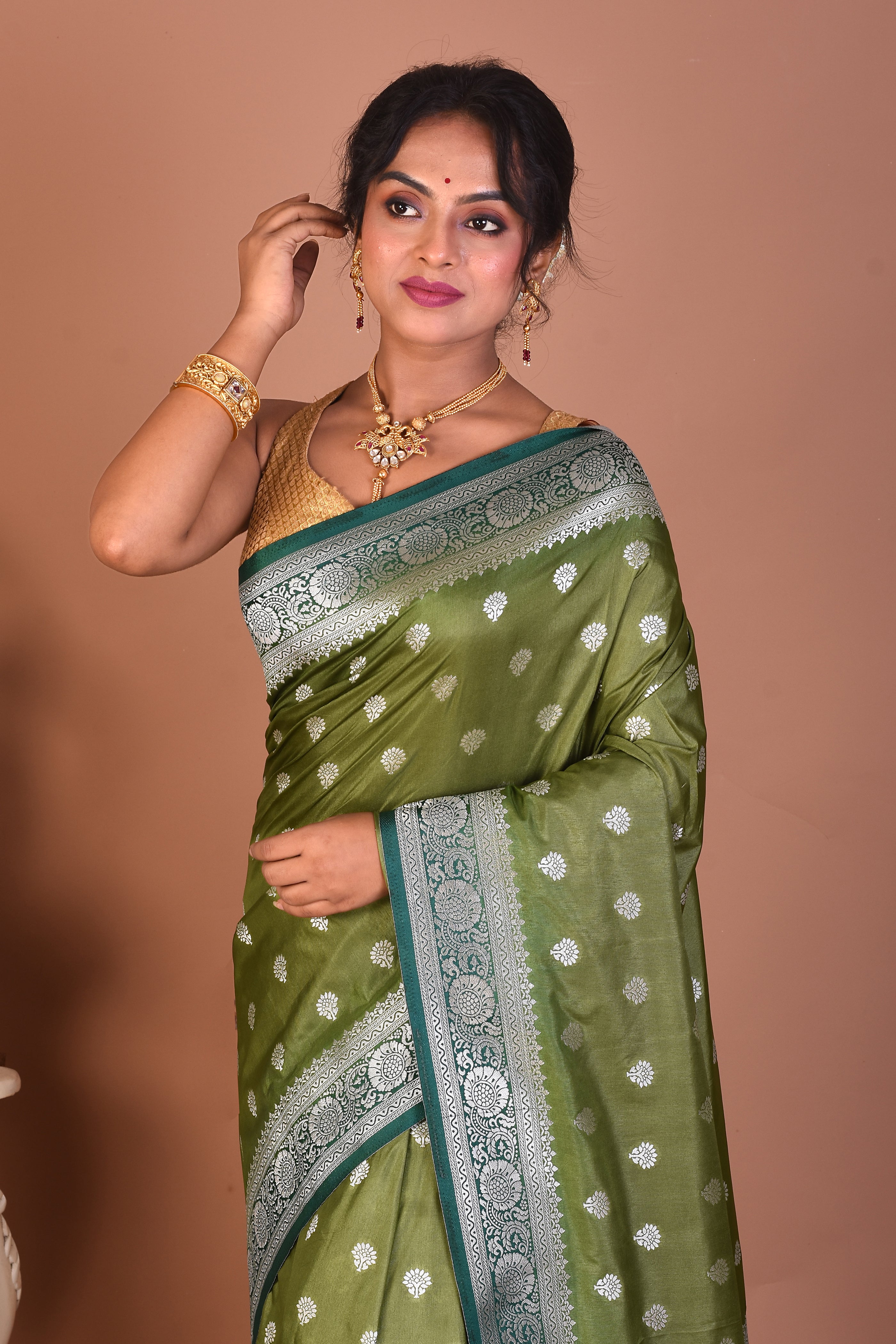 Olive Green Blended Silk Saree - Keya Seth Exclusive