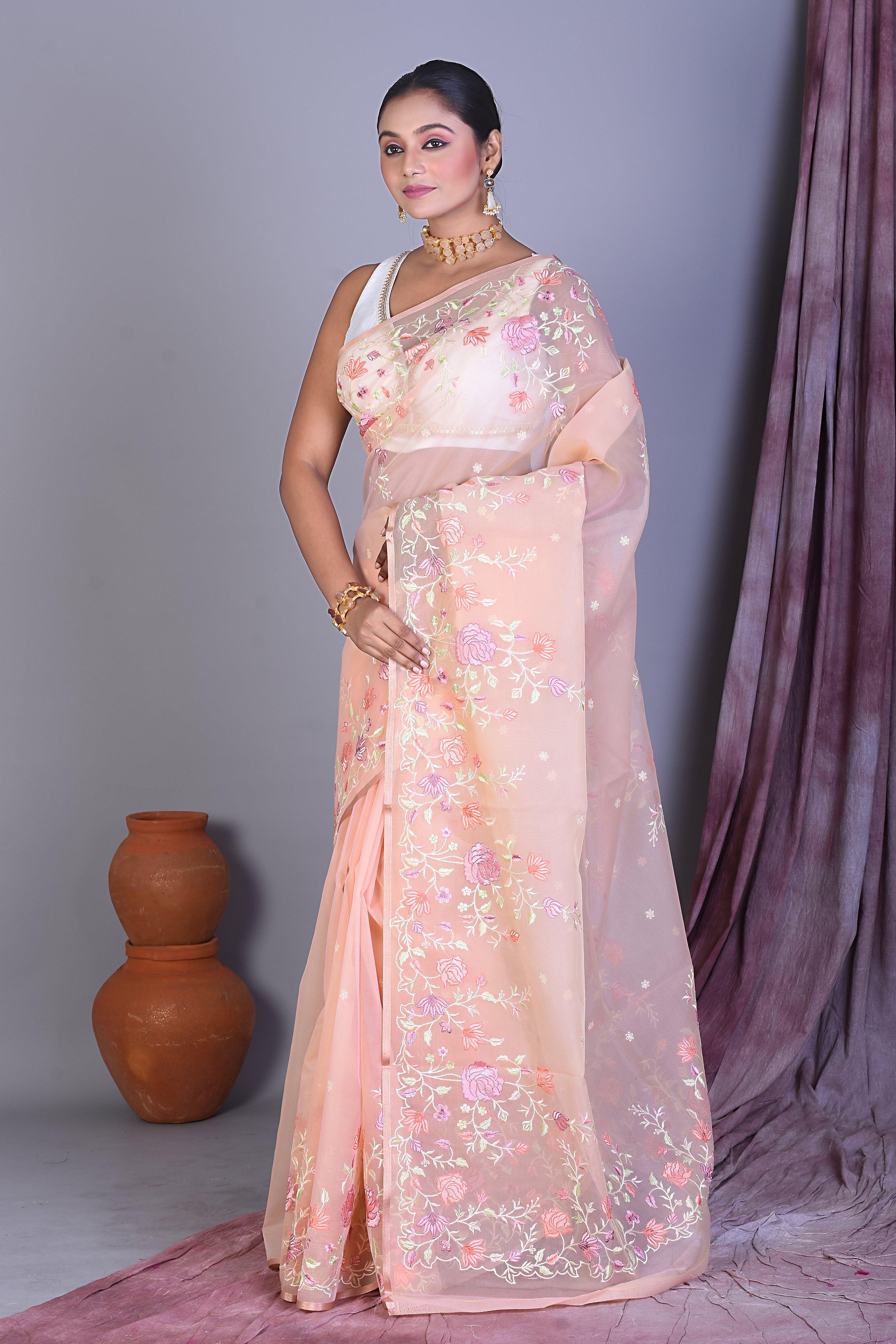 Peach Blended Organza Saree with Threadwork - Keya Seth Exclusive