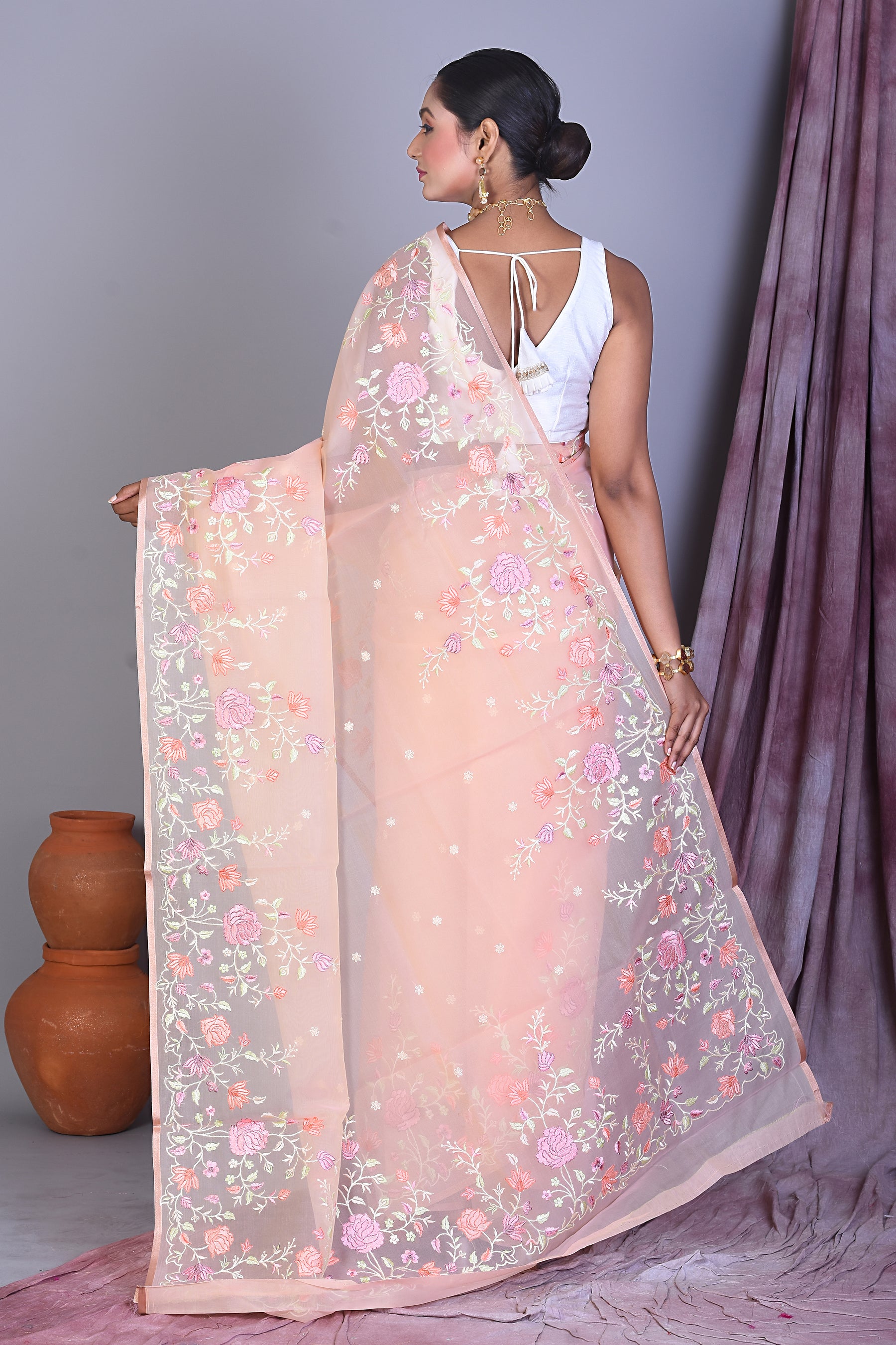 Peach Blended Organza Saree with Threadwork - Keya Seth Exclusive