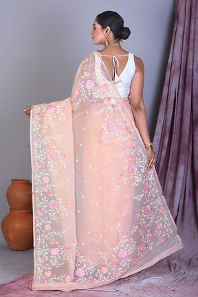 Peach Blended Organza Saree with Threadwork - Keya Seth Exclusive