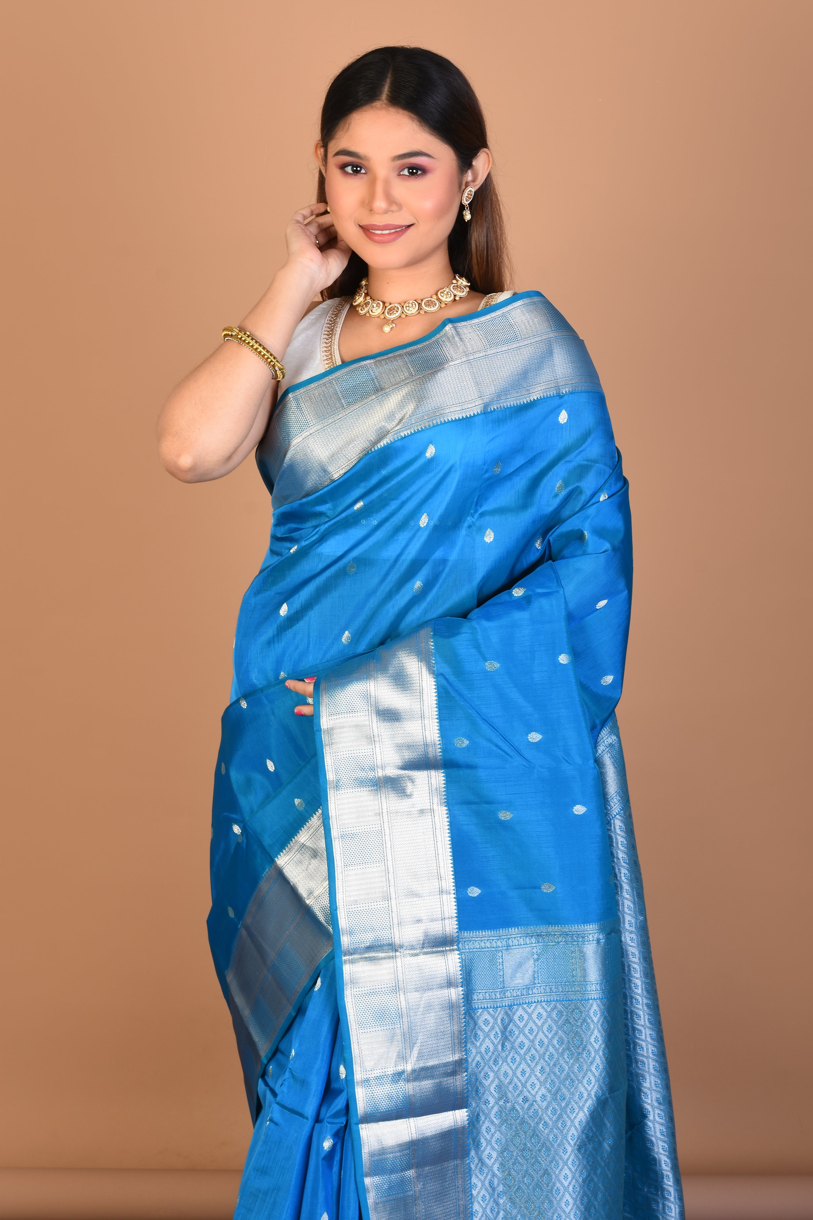 Firoza Blue Blended Kanjivaram Saree with Blouse Piece - Keya Seth Exclusive