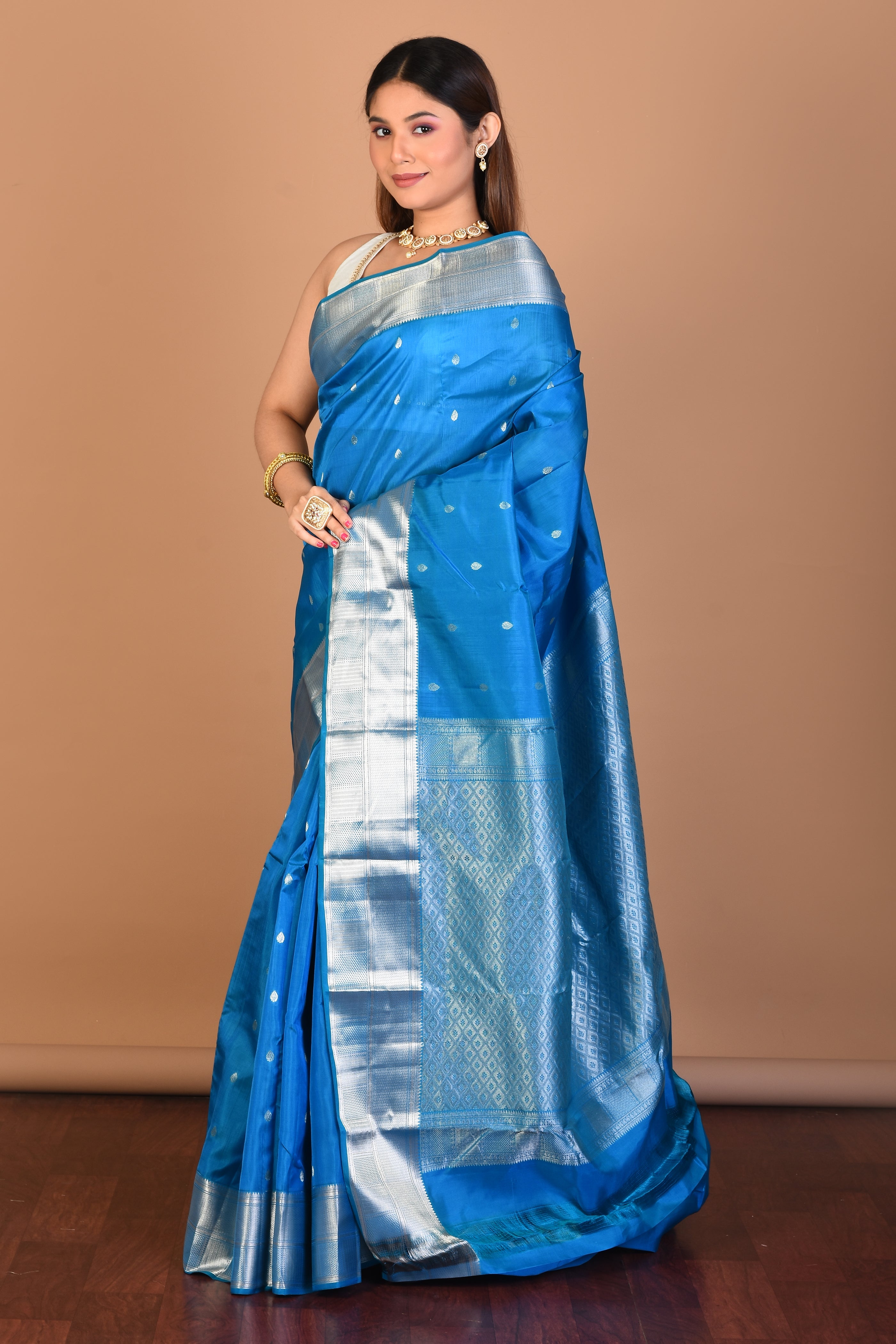 Firoza Blue Blended Kanjivaram Saree with Blouse Piece - Keya Seth Exclusive