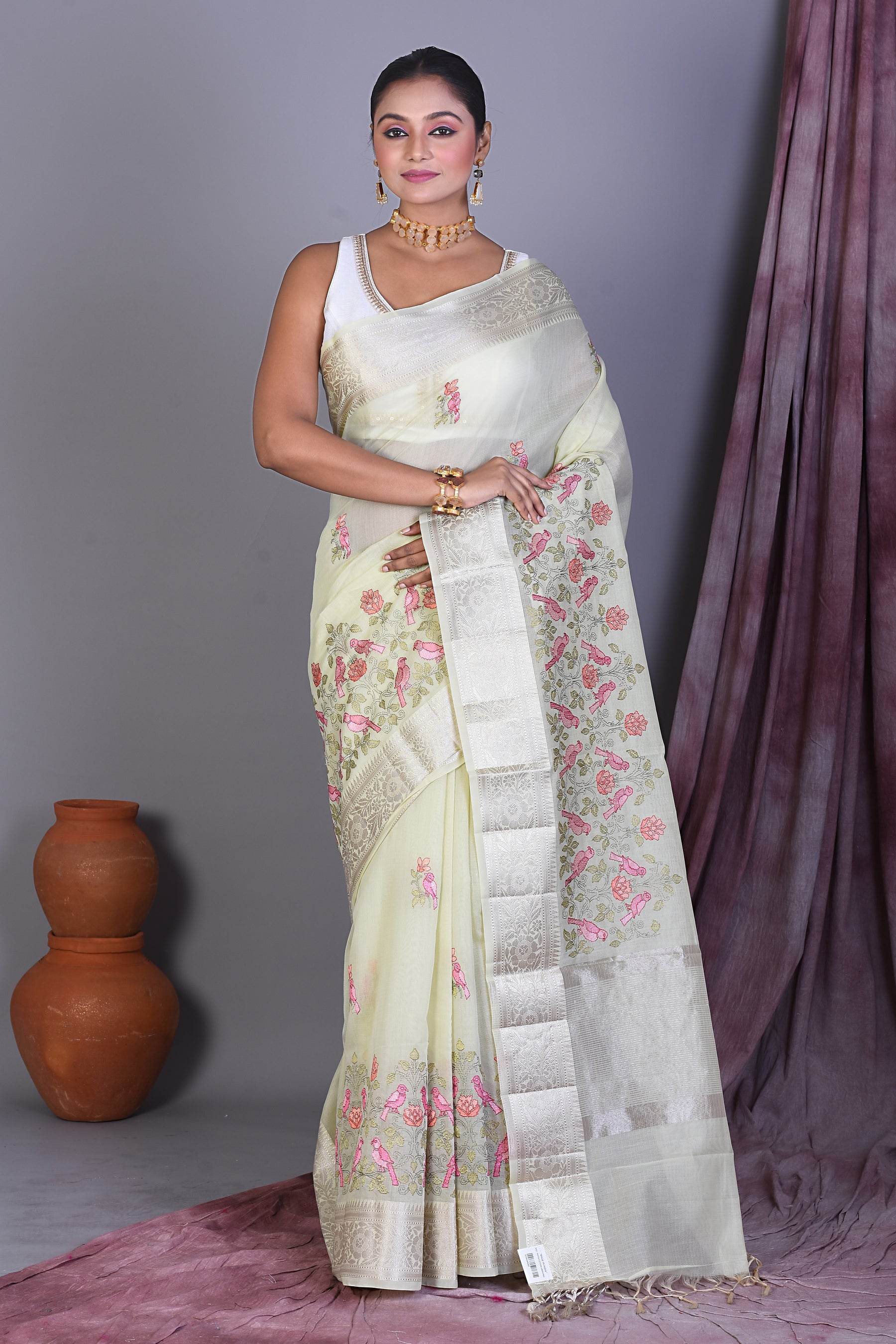 Pesta Green Blended Organza Saree with Threadwork - Keya Seth Exclusive