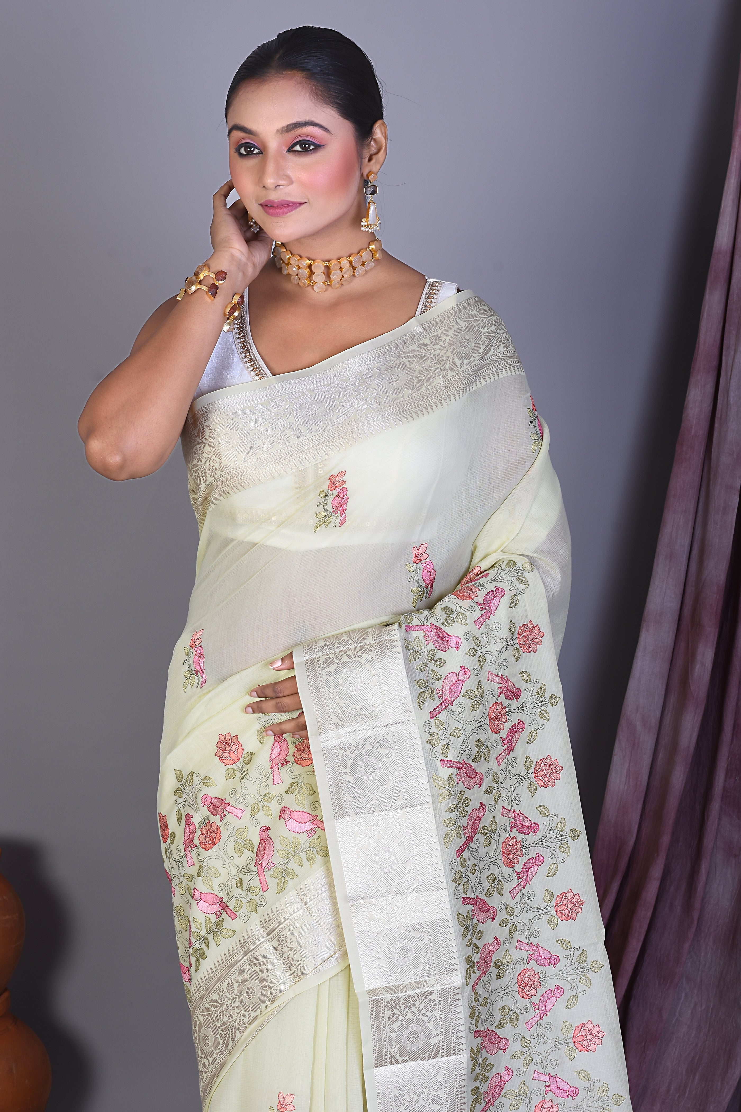 Pesta Green Blended Organza Saree with Threadwork - Keya Seth Exclusive