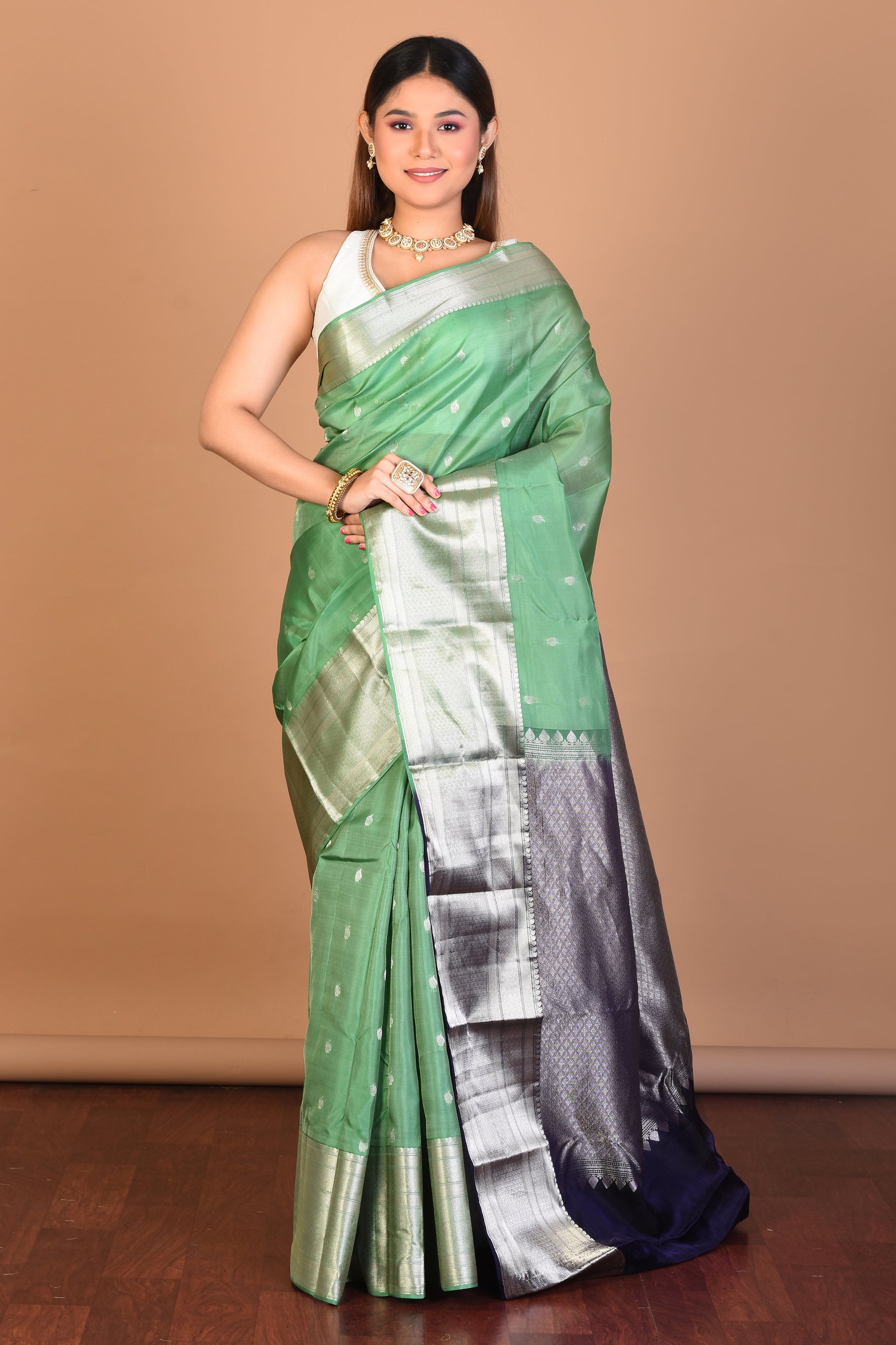 Sea Green Blended Kanjivaram Saree with Blouse Piece - Keya Seth Exclusive