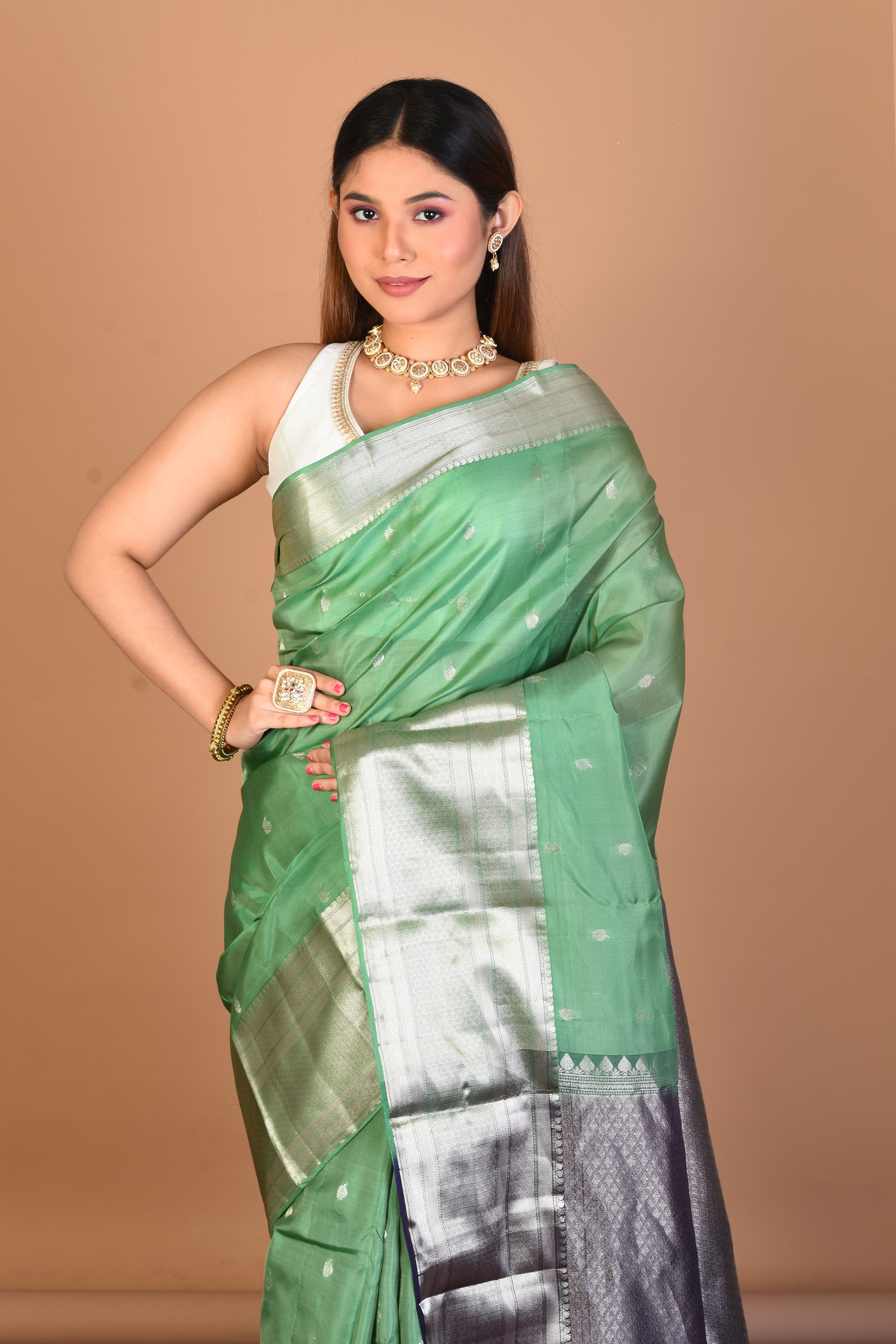 Sea Green Blended Kanjivaram Saree with Blouse Piece - Keya Seth Exclusive