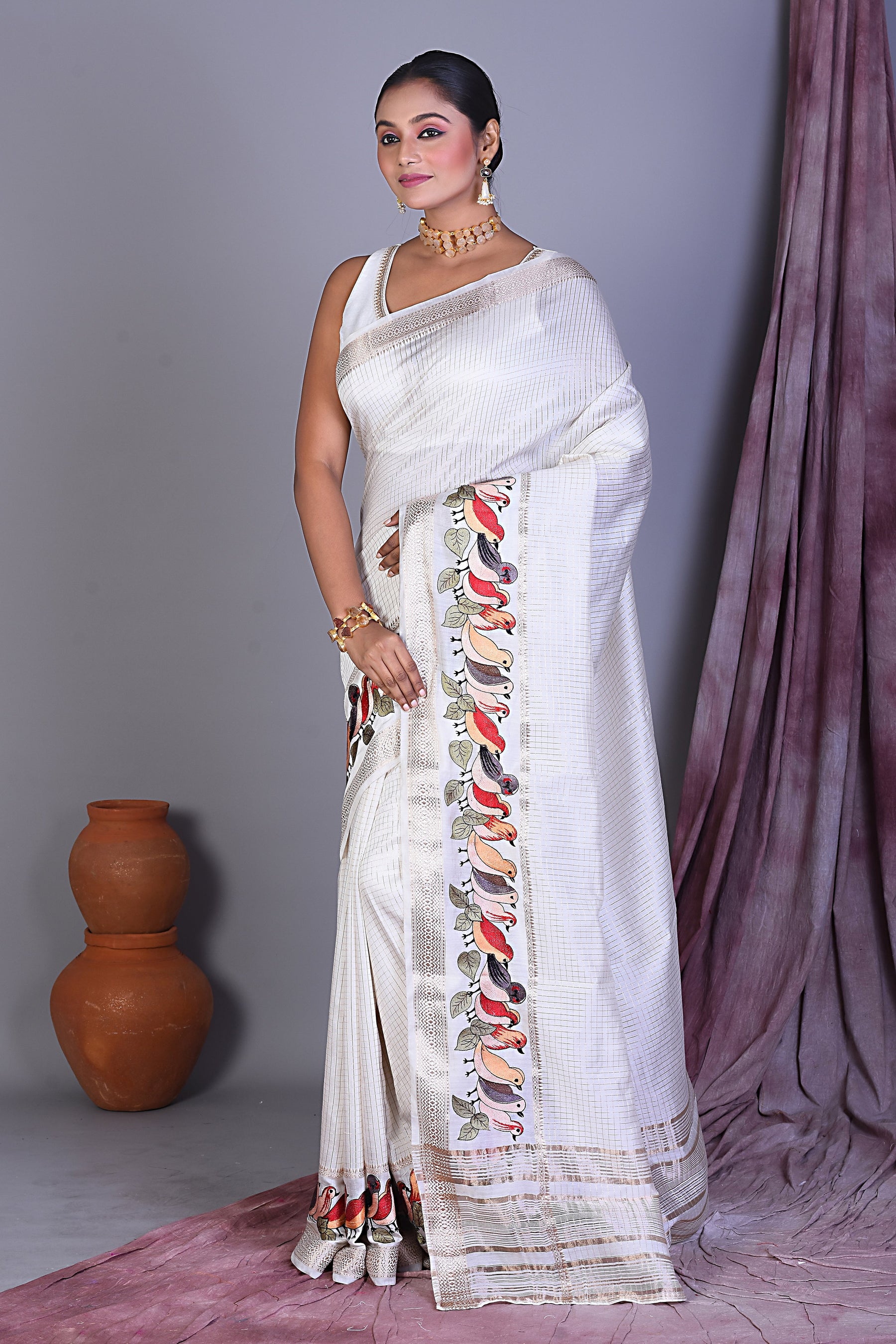 White Blended Silk Saree with Golden Zari - Keya Seth Exclusive