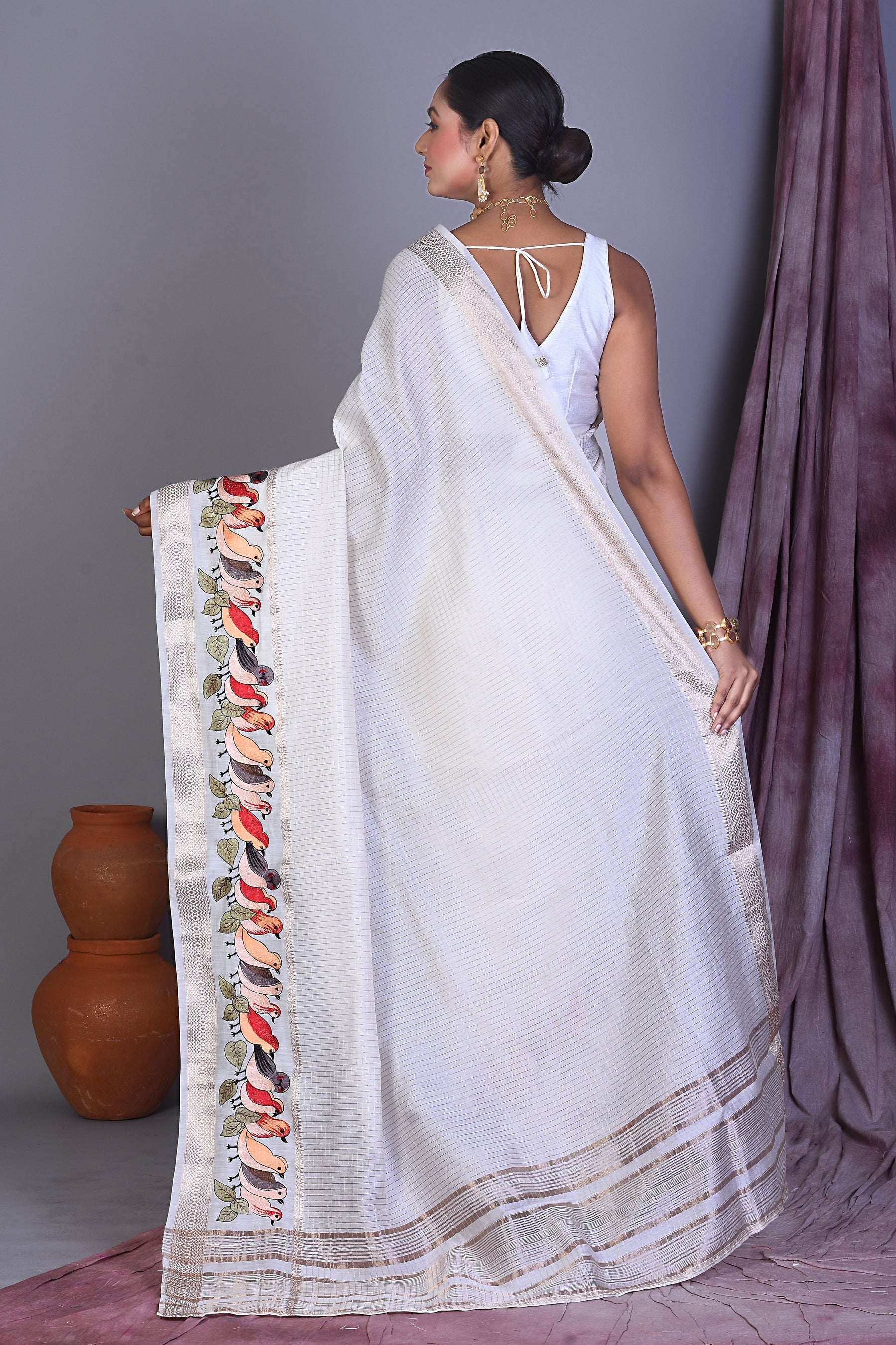 White Blended Silk Saree with Golden Zari - Keya Seth Exclusive