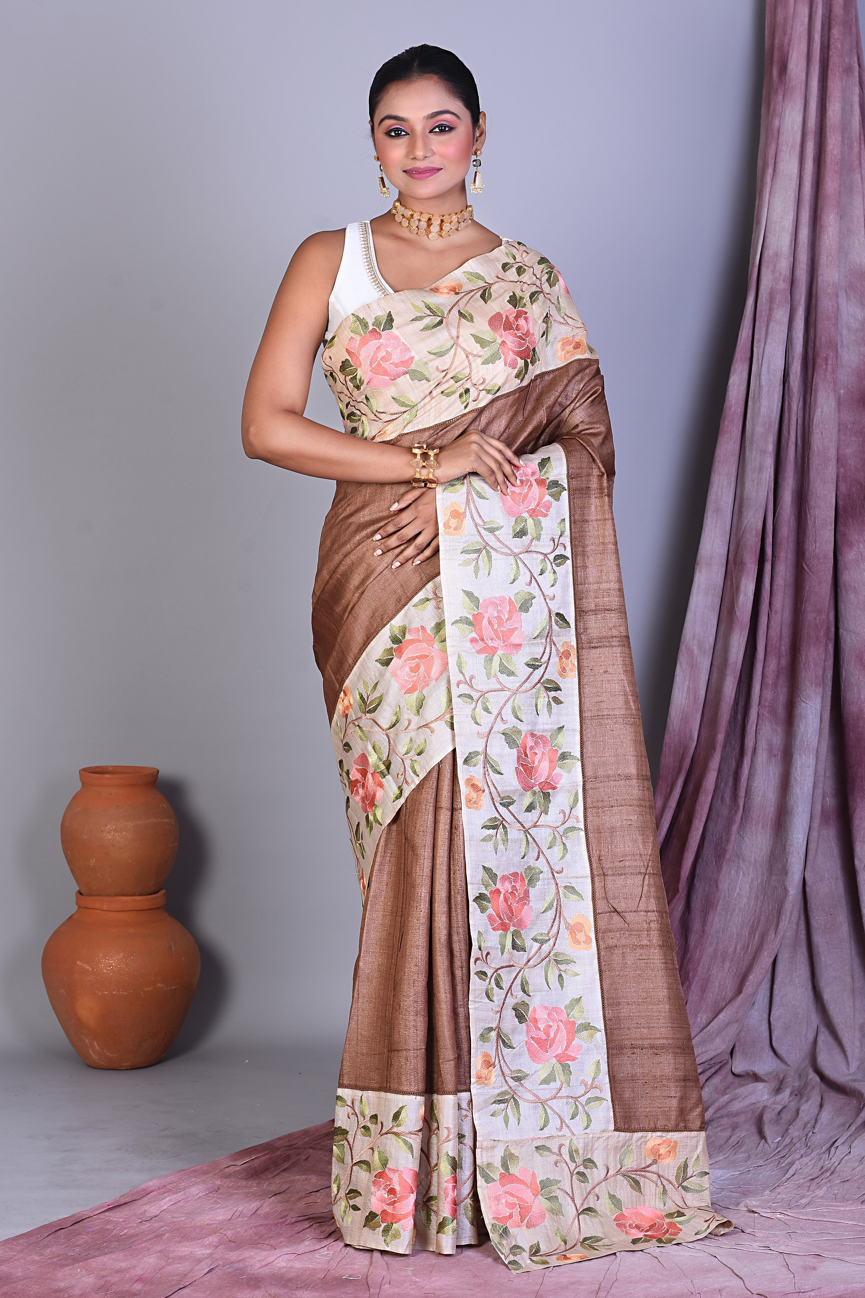 Brown Ghicha Saree with Thread work - Keya Seth Exclusive