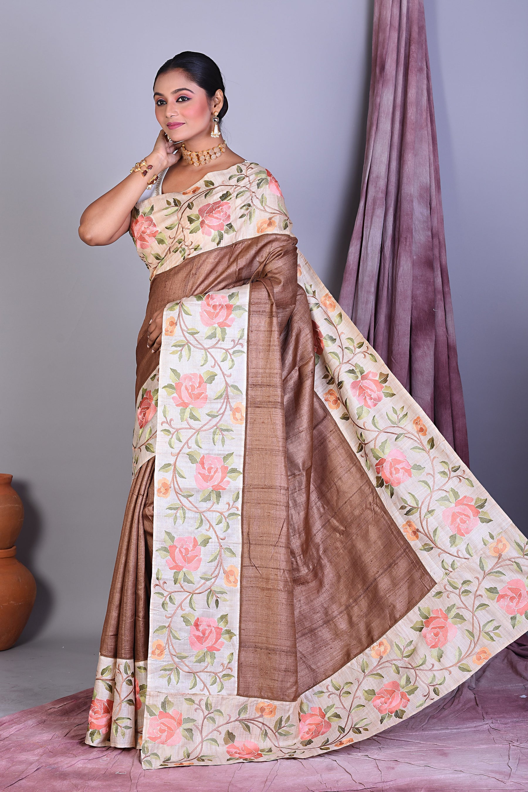 Brown Ghicha Saree with Thread work - Keya Seth Exclusive