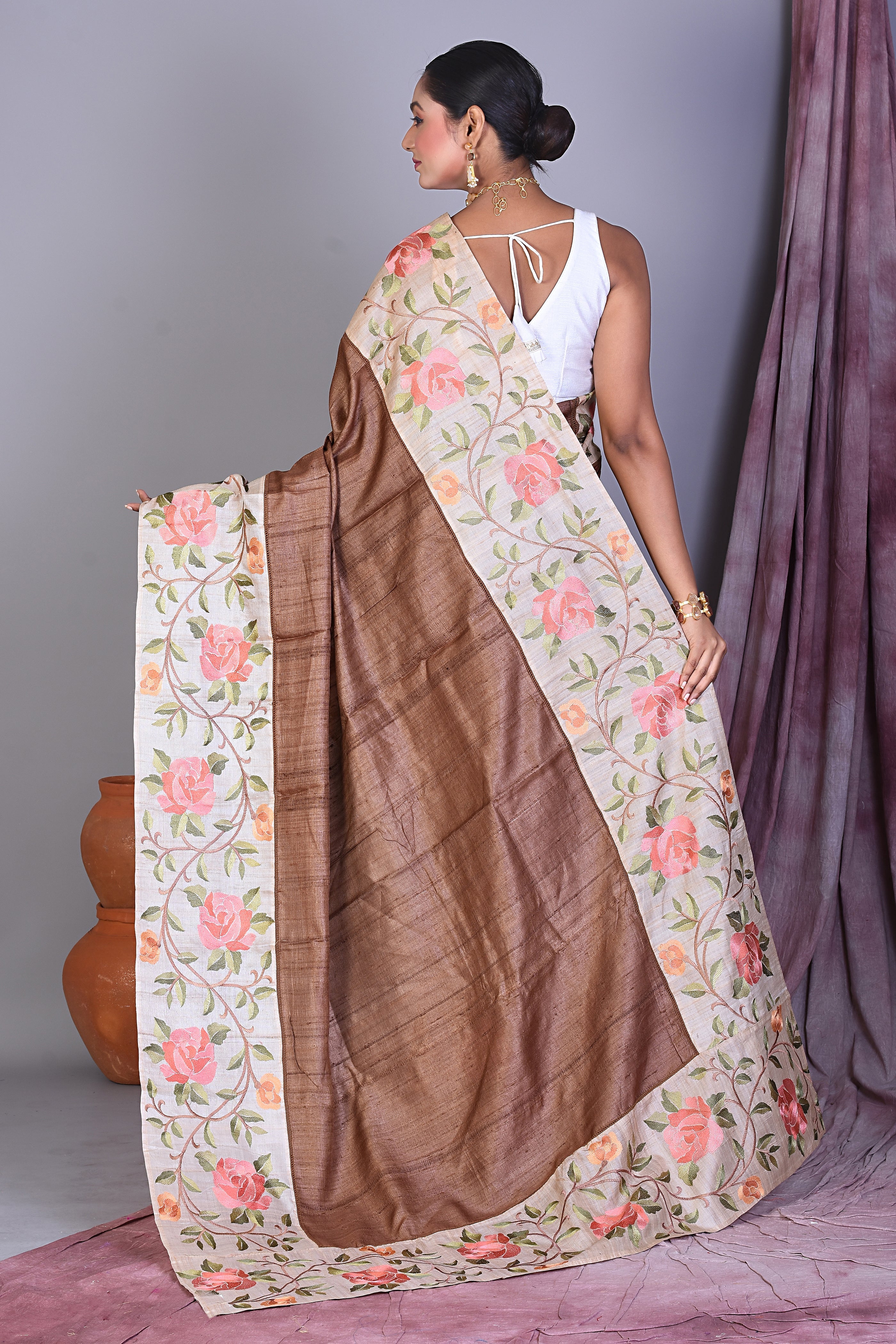 Brown Ghicha Saree with Thread work - Keya Seth Exclusive