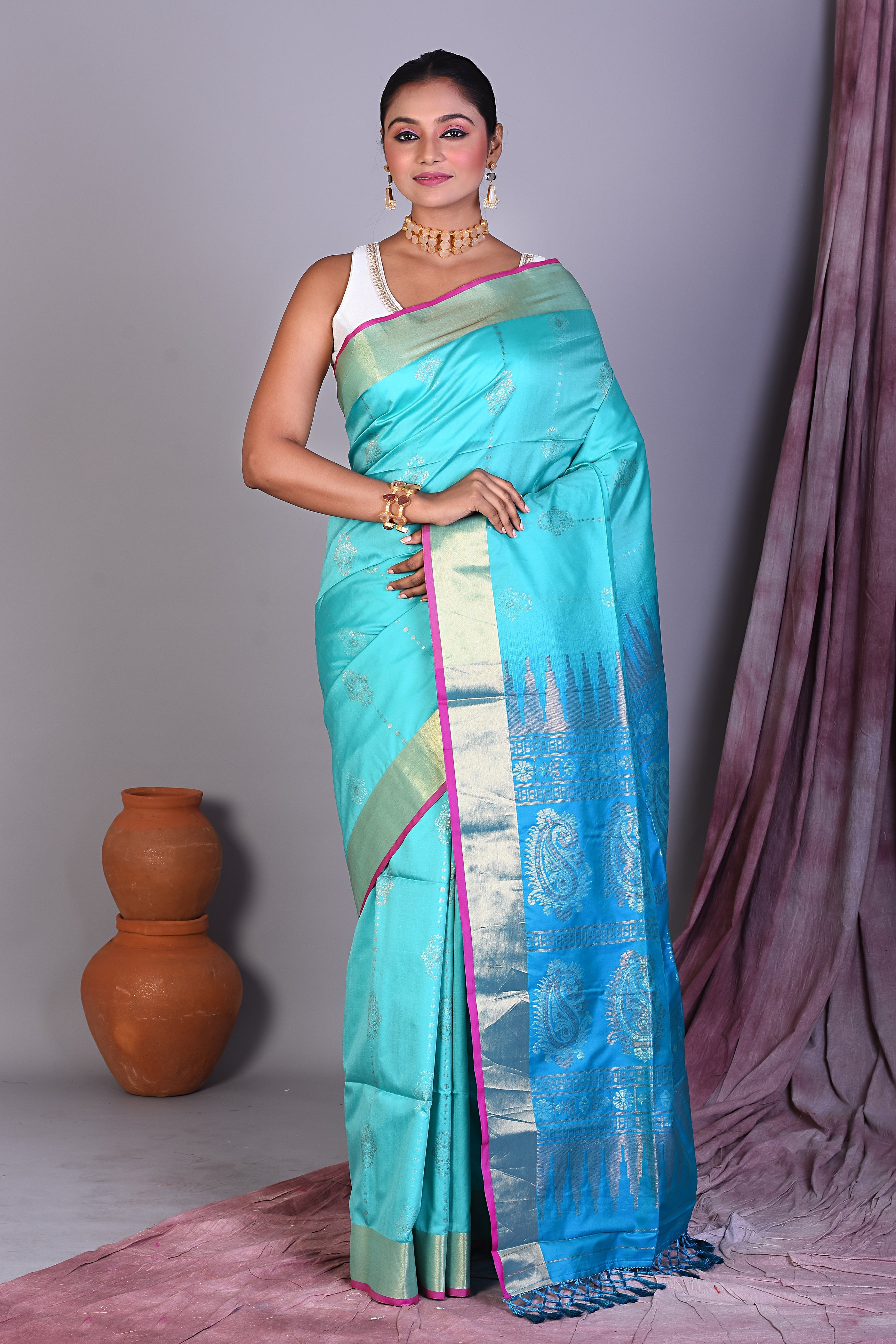 Turquoise Art Silk Saree with Golden Zari - Keya Seth Exclusive