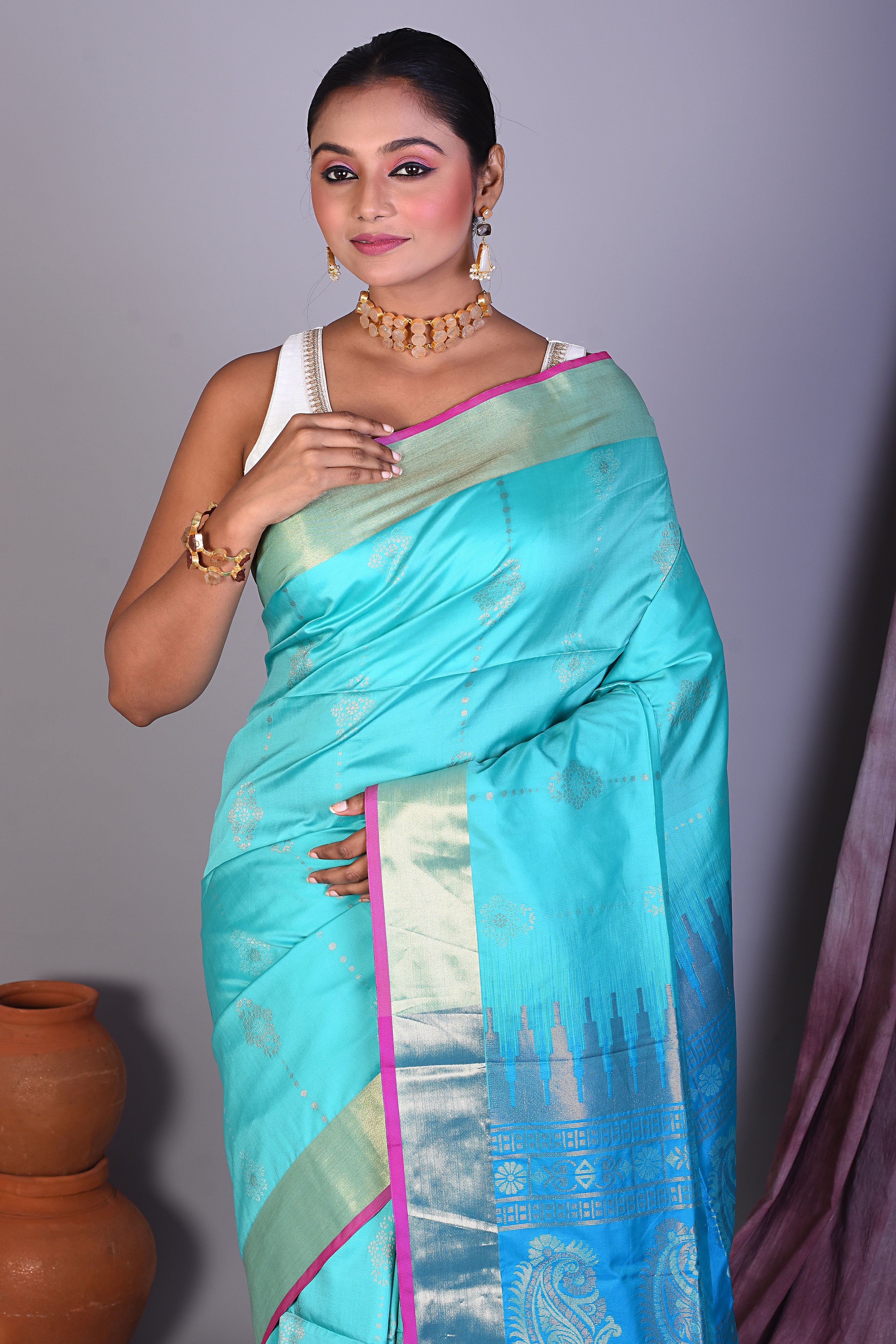 Turquoise Art Silk Saree with Golden Zari - Keya Seth Exclusive