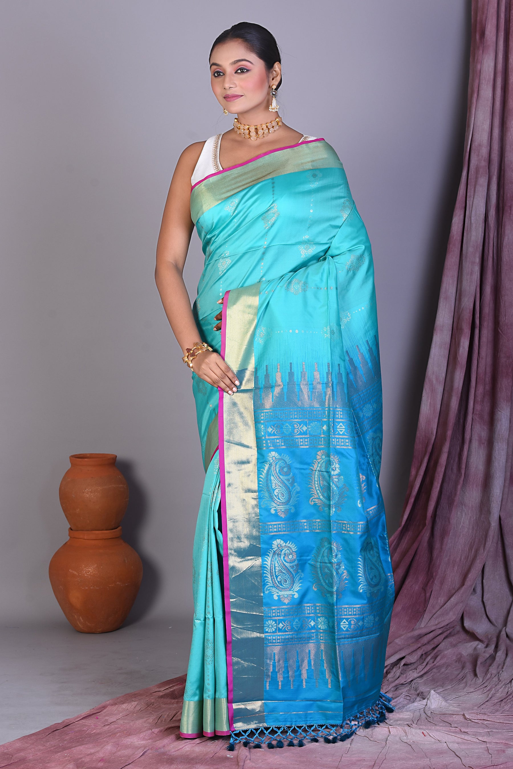 Turquoise Art Silk Saree with Golden Zari - Keya Seth Exclusive