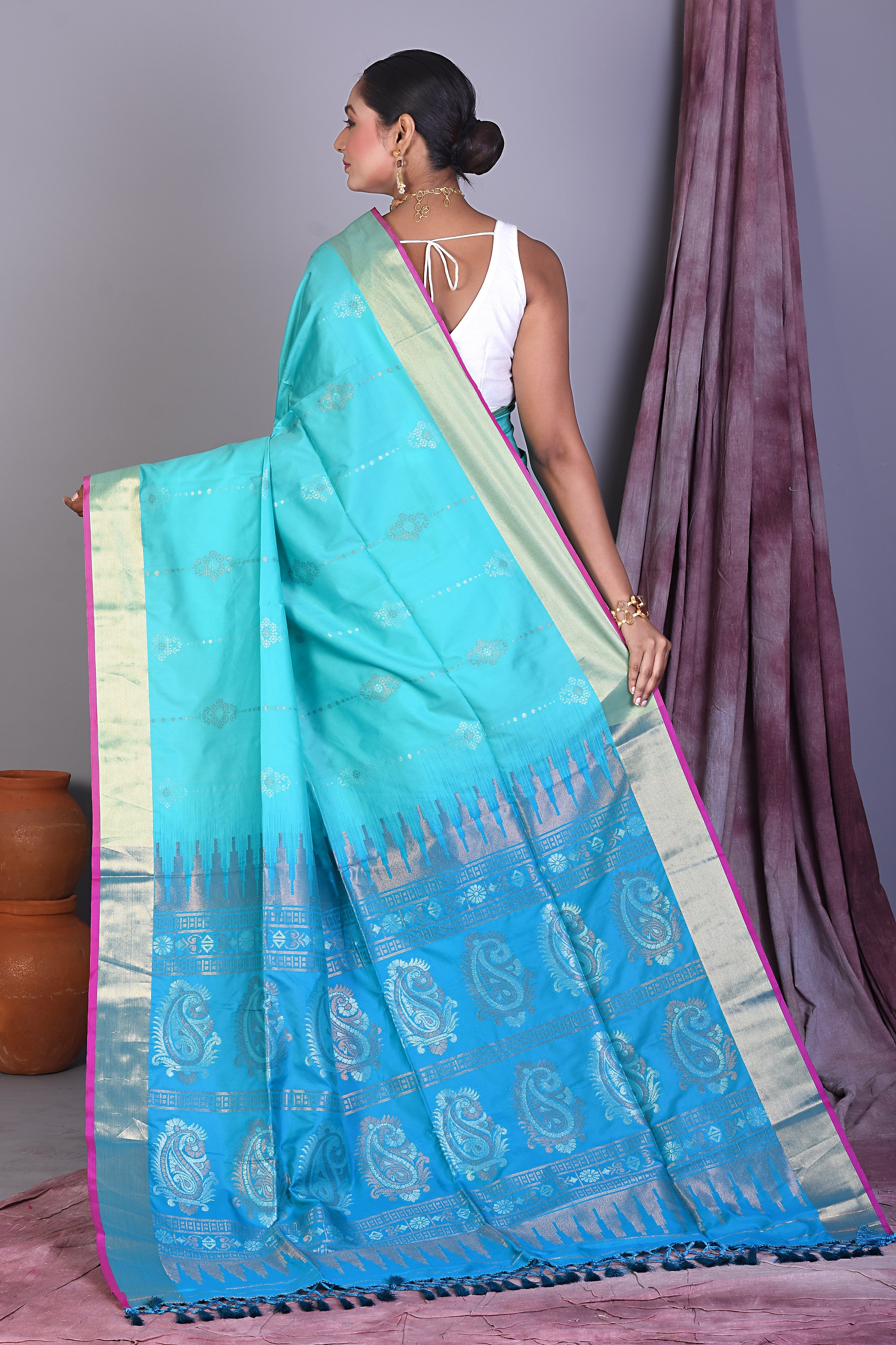 Turquoise Art Silk Saree with Golden Zari - Keya Seth Exclusive