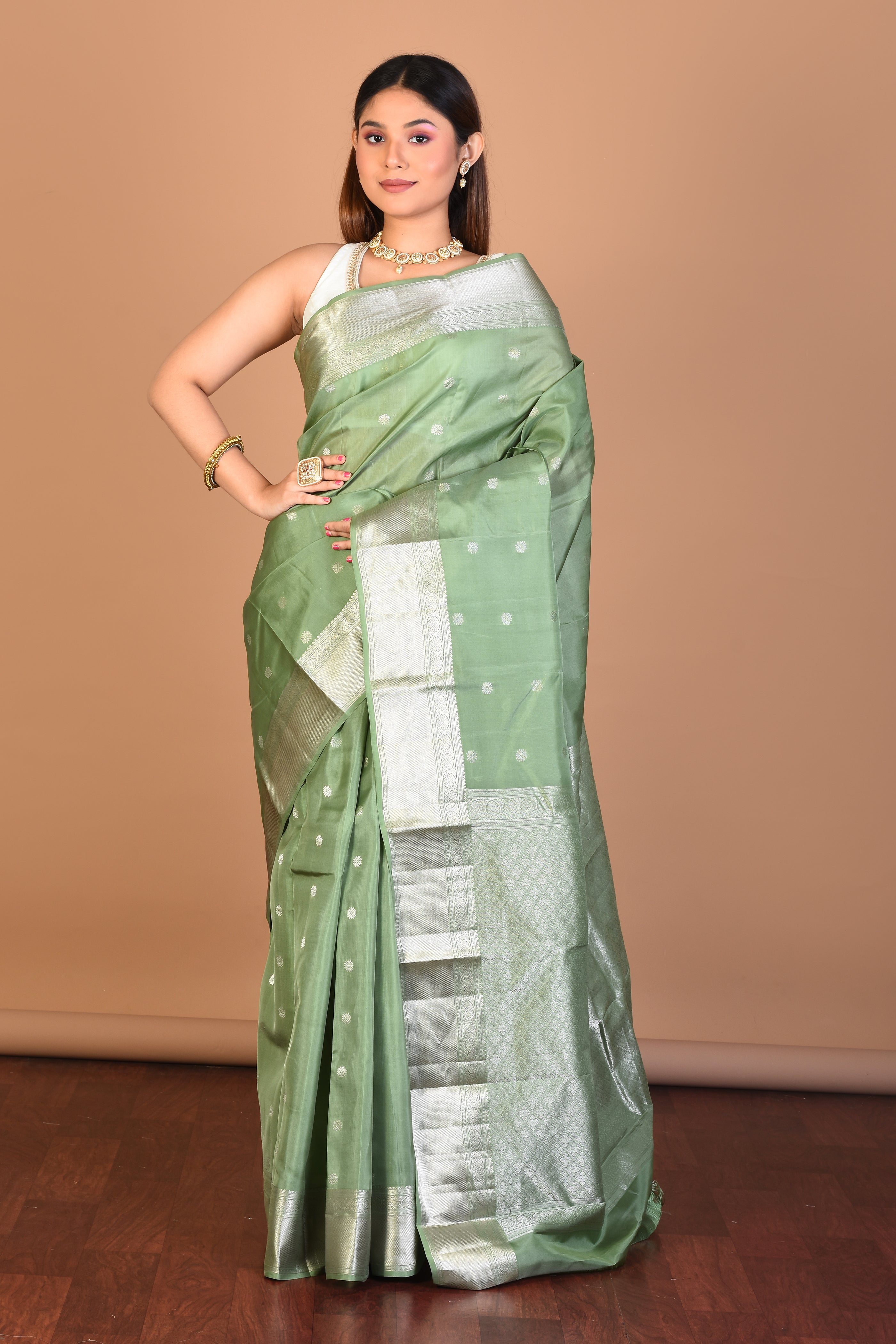 Sea Green Blended Kanjivaram Saree with Blouse Piece - Keya Seth Exclusive