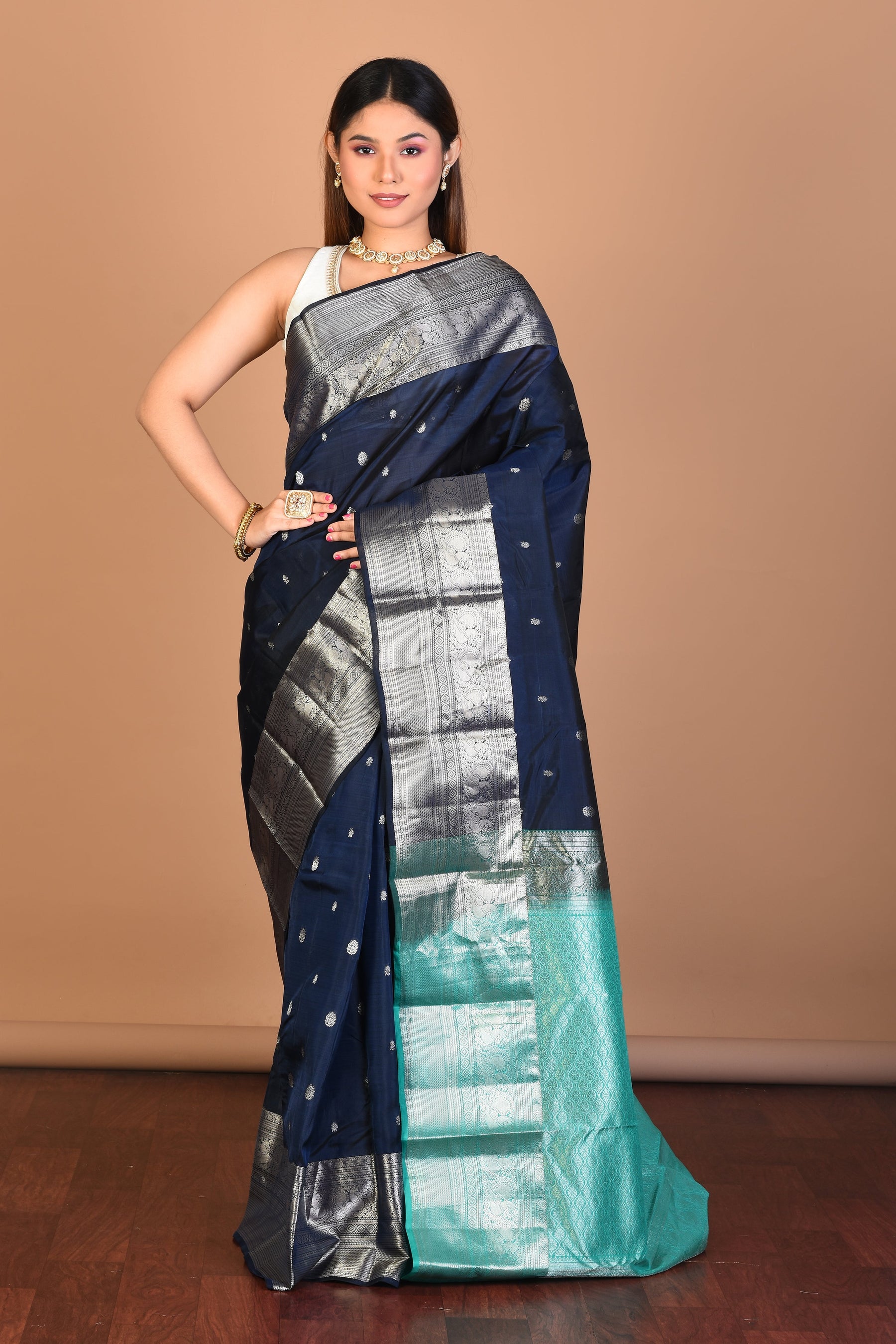 Navy Blue Blended Kanjivaram Saree with Blouse Piece - Keya Seth Exclusive