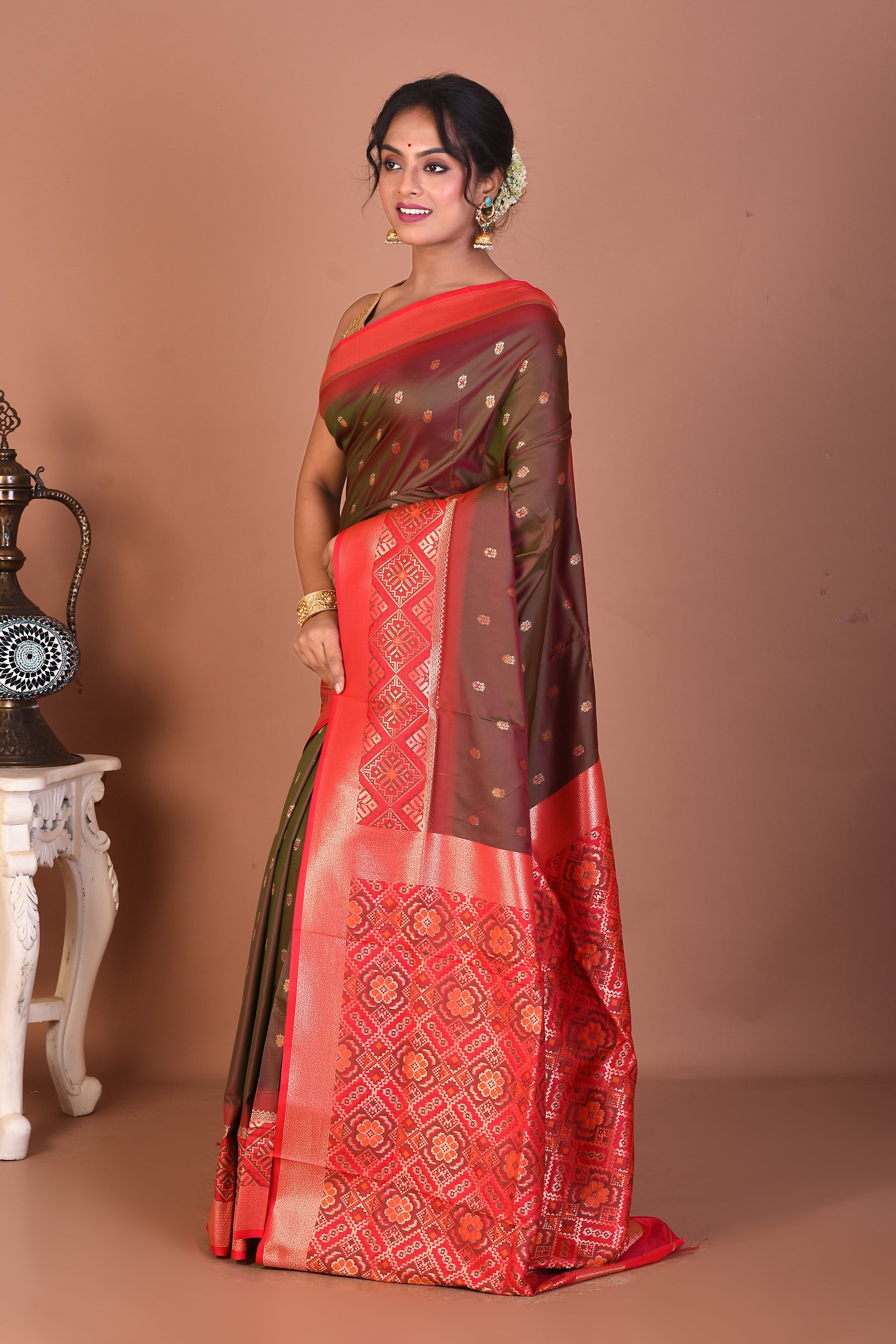 Dual Tone Olive Mashru Silk Saree - Keya Seth Exclusive